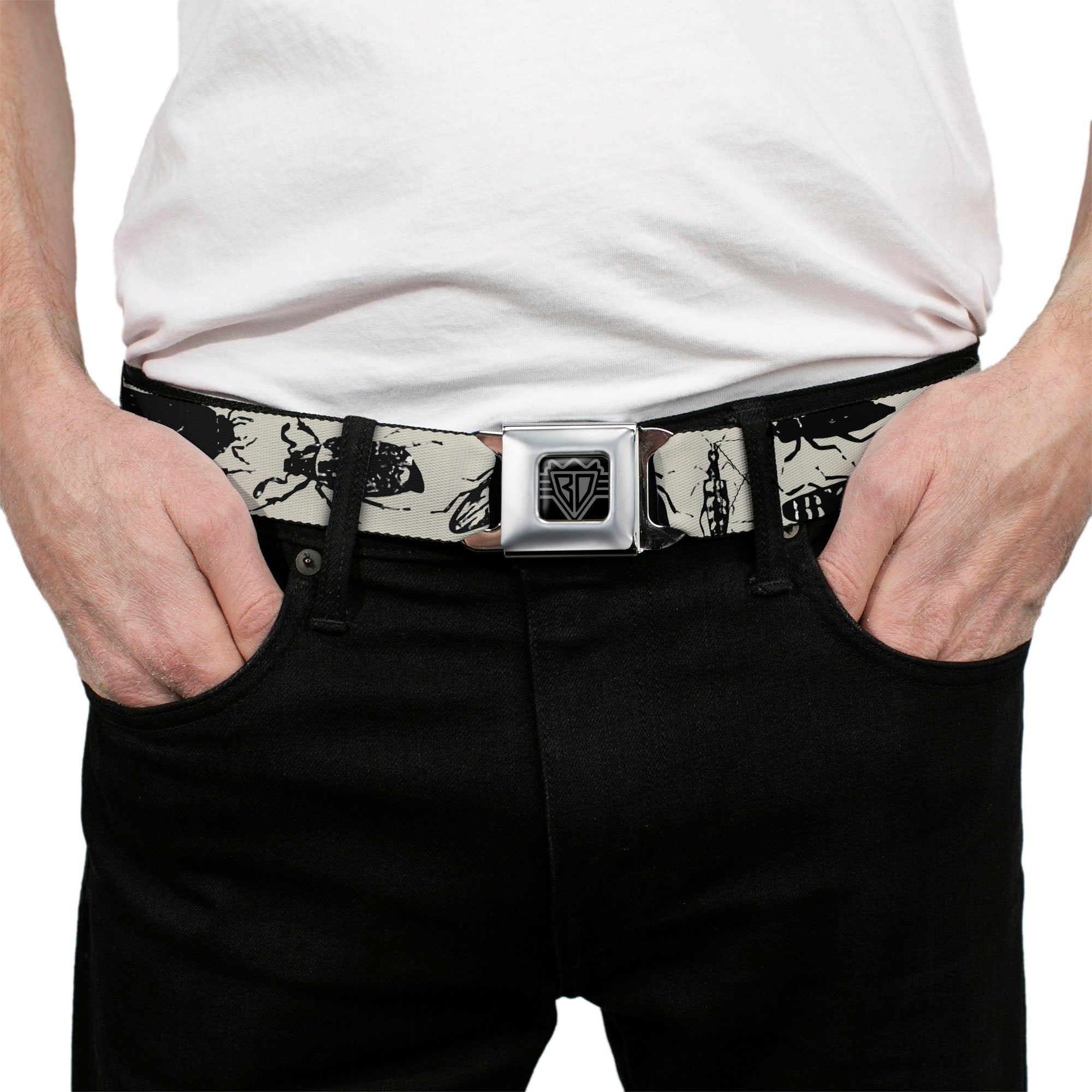 BD Wings Logo CLOSE-UP Full Color Black Silver Seatbelt Belt - Insects Gray/Black Webbing Seatbelt Belts Buckle-Down