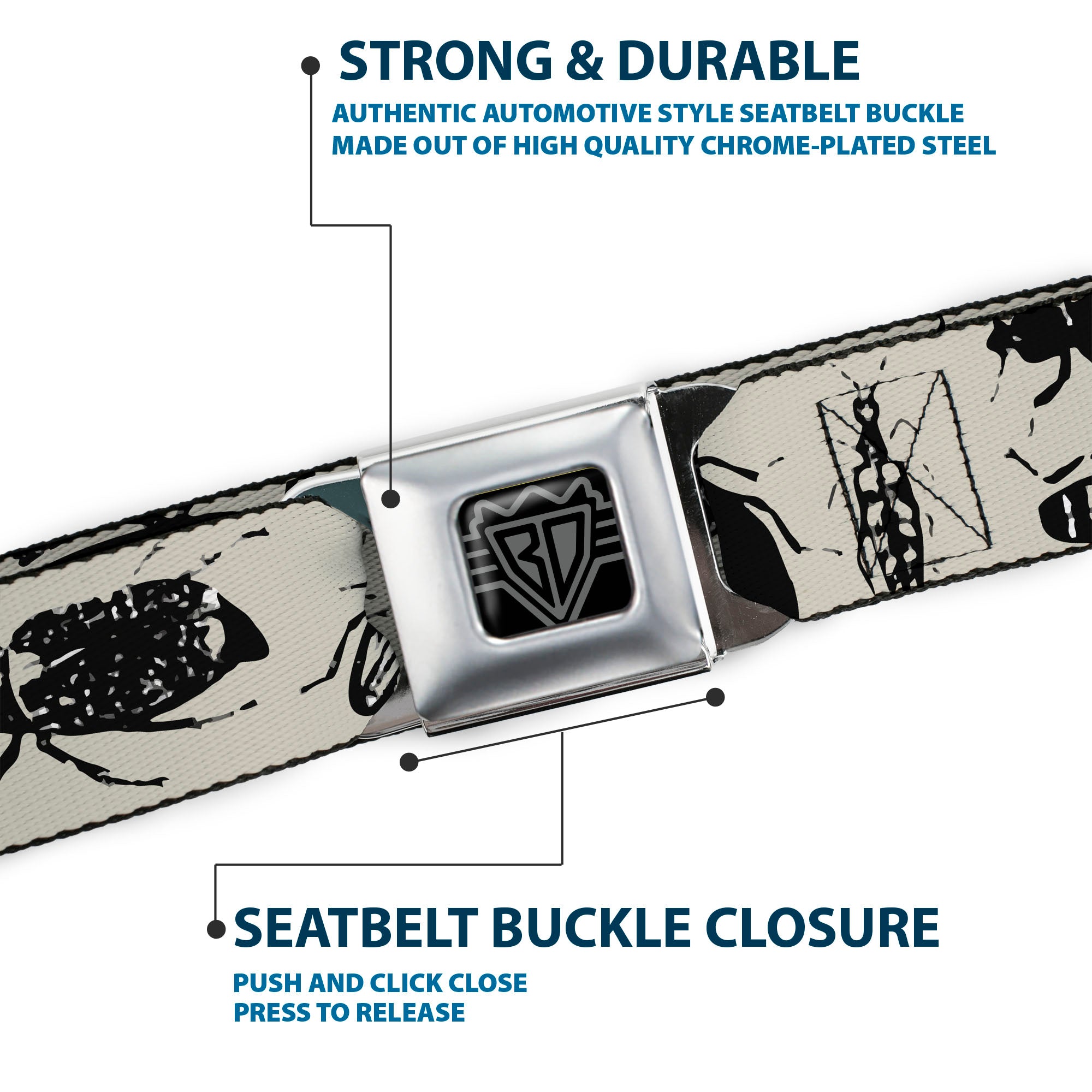 BD Wings Logo CLOSE-UP Full Color Black Silver Seatbelt Belt - Insects Gray/Black Webbing Seatbelt Belts Buckle-Down