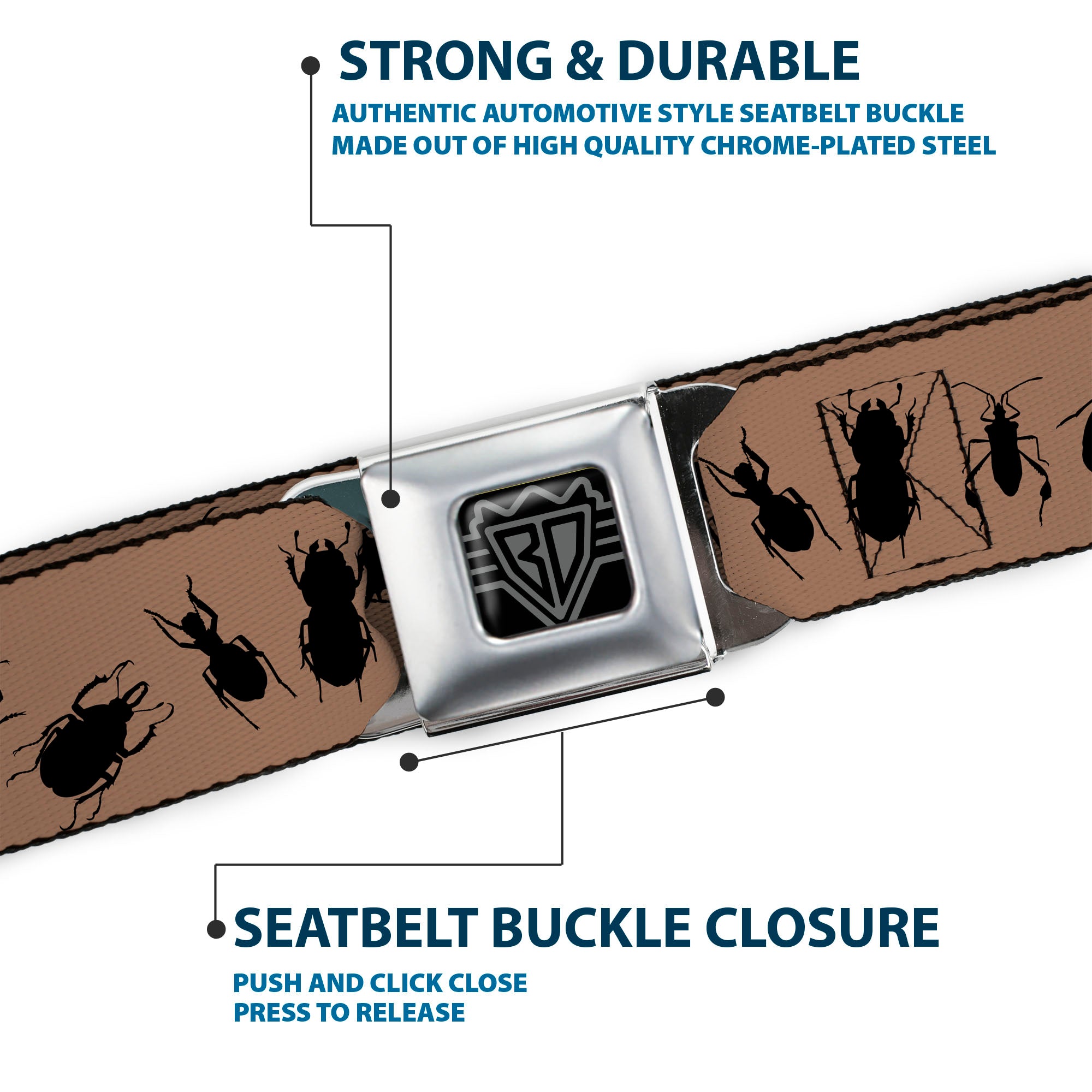 BD Wings Logo CLOSE-UP Full Color Black Silver Seatbelt Belt - Insects Brown/Black Webbing Seatbelt Belts Buckle-Down