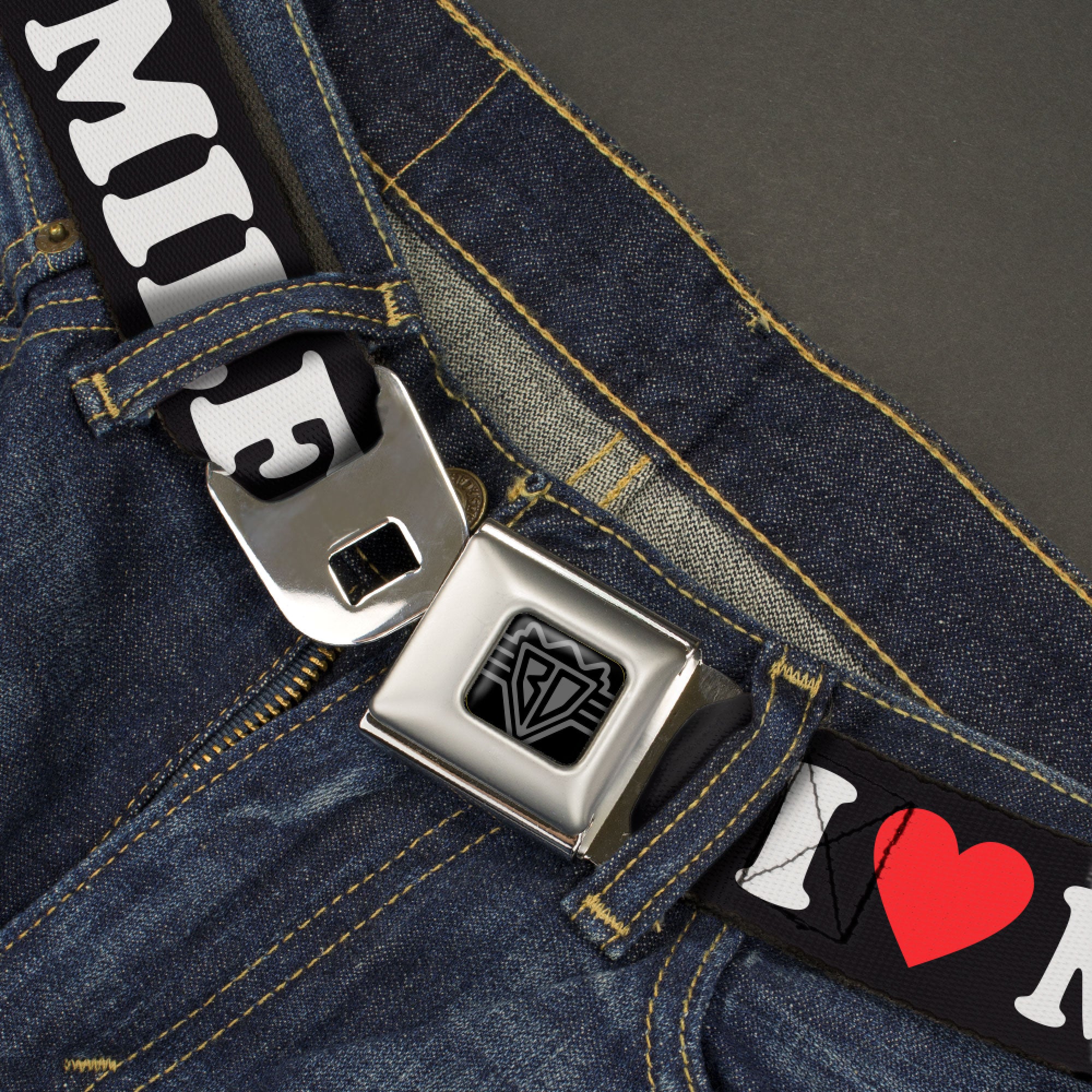BD Wings Logo CLOSE-UP Black/Silver Seatbelt Belt - I "HEART" MILFS Black/White/Red Webbing Seatbelt Belts Buckle-Down