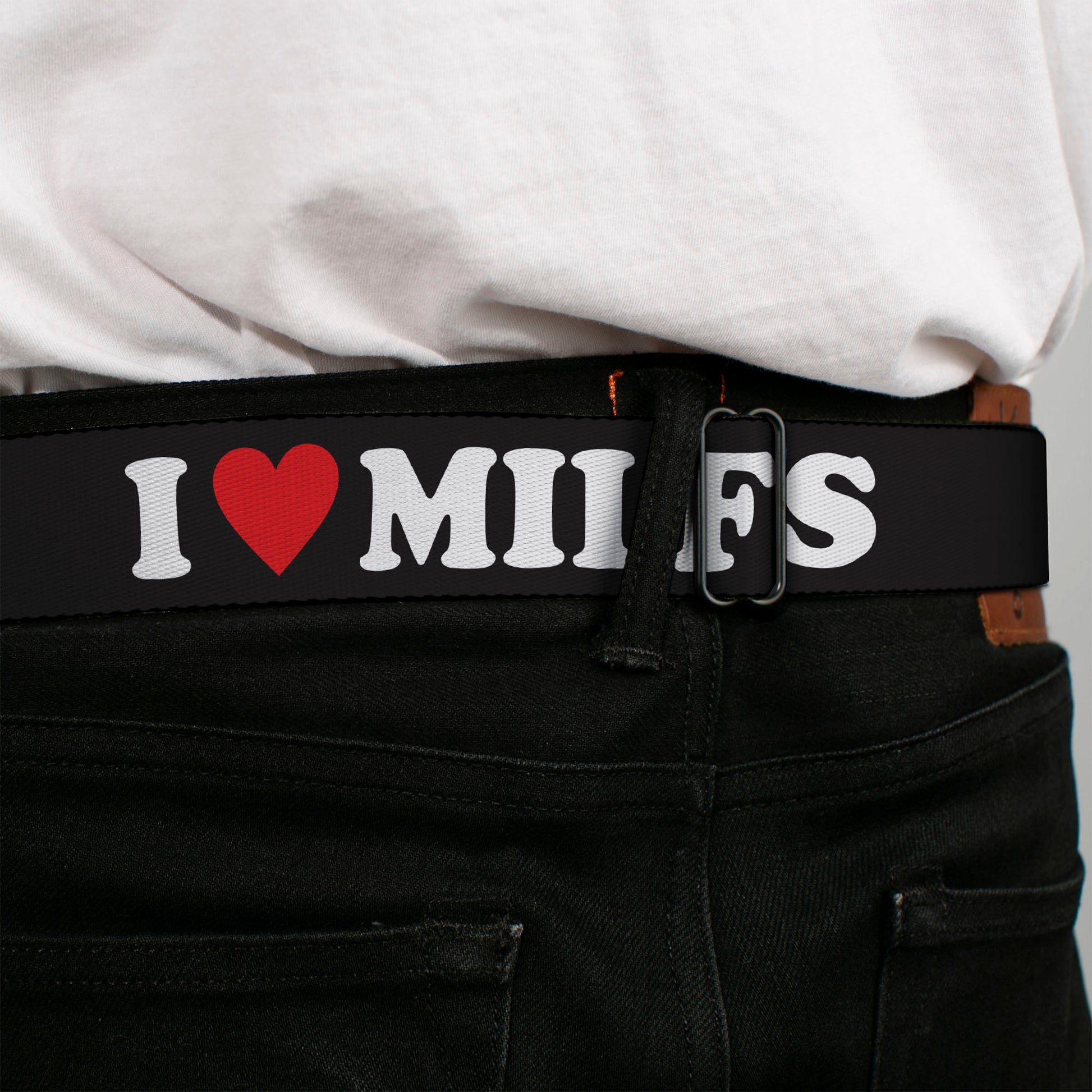 BD Wings Logo CLOSE-UP Black/Silver Seatbelt Belt - I "HEART" MILFS Black/White/Red Webbing Seatbelt Belts Buckle-Down