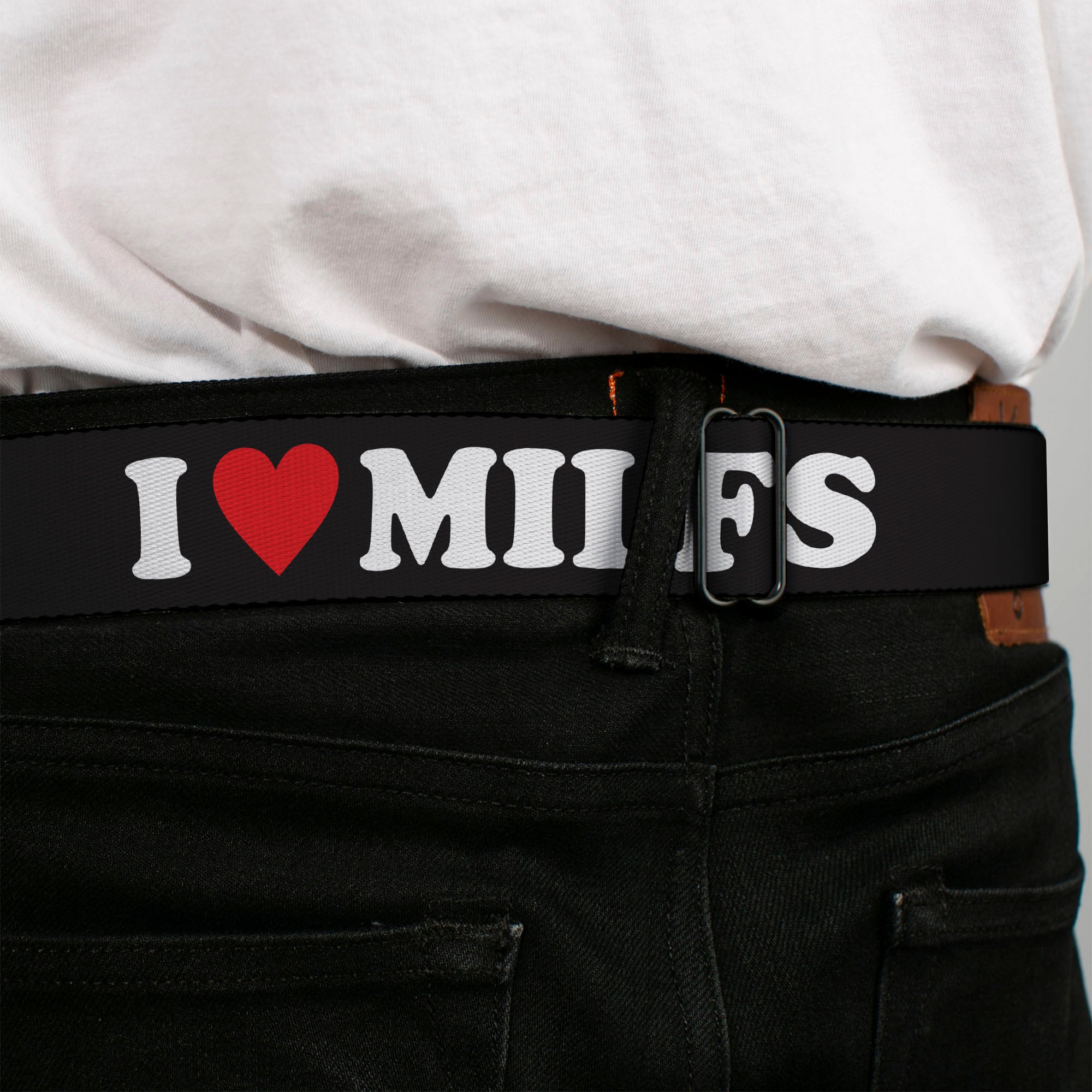 BD Wings Logo CLOSE-UP Black/Silver Seatbelt Belt - I "HEART" MILFS Black/White/Red Webbing Seatbelt Belts Buckle-Down