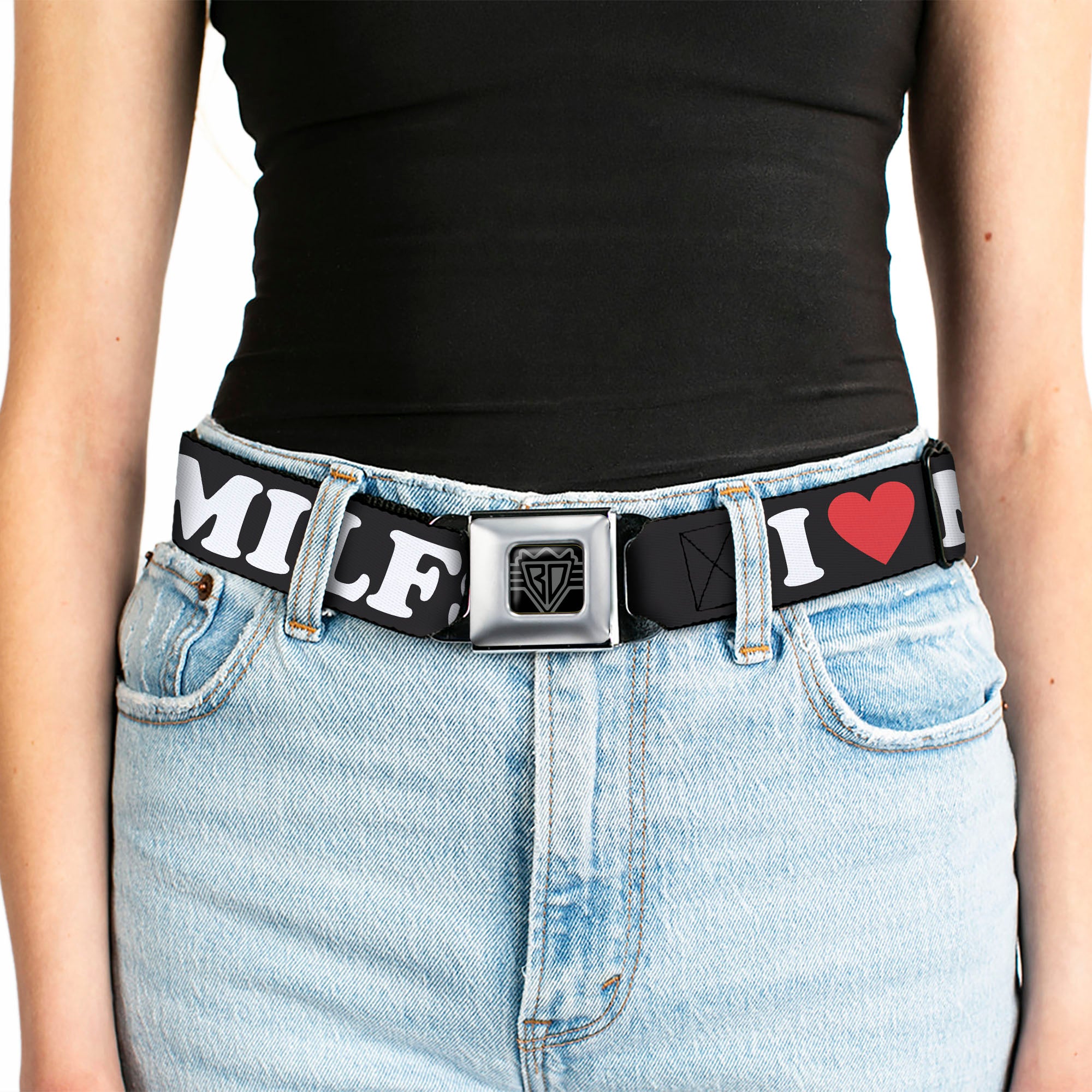 BD Wings Logo CLOSE-UP Black/Silver Seatbelt Belt - I "HEART" MILFS Black/White/Red Webbing Seatbelt Belts Buckle-Down
