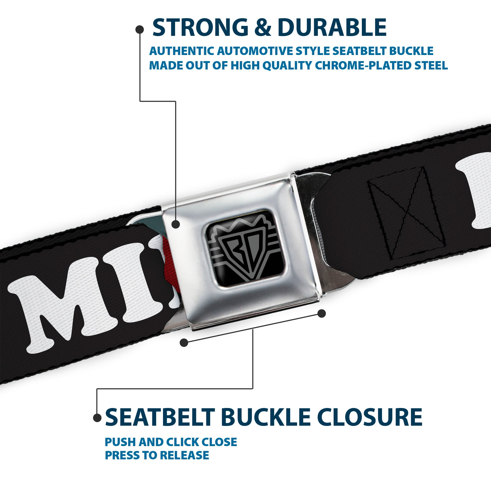 BD Wings Logo CLOSE-UP Black/Silver Seatbelt Belt - I "HEART" MILFS Black/White/Red Webbing Seatbelt Belts Buckle-Down