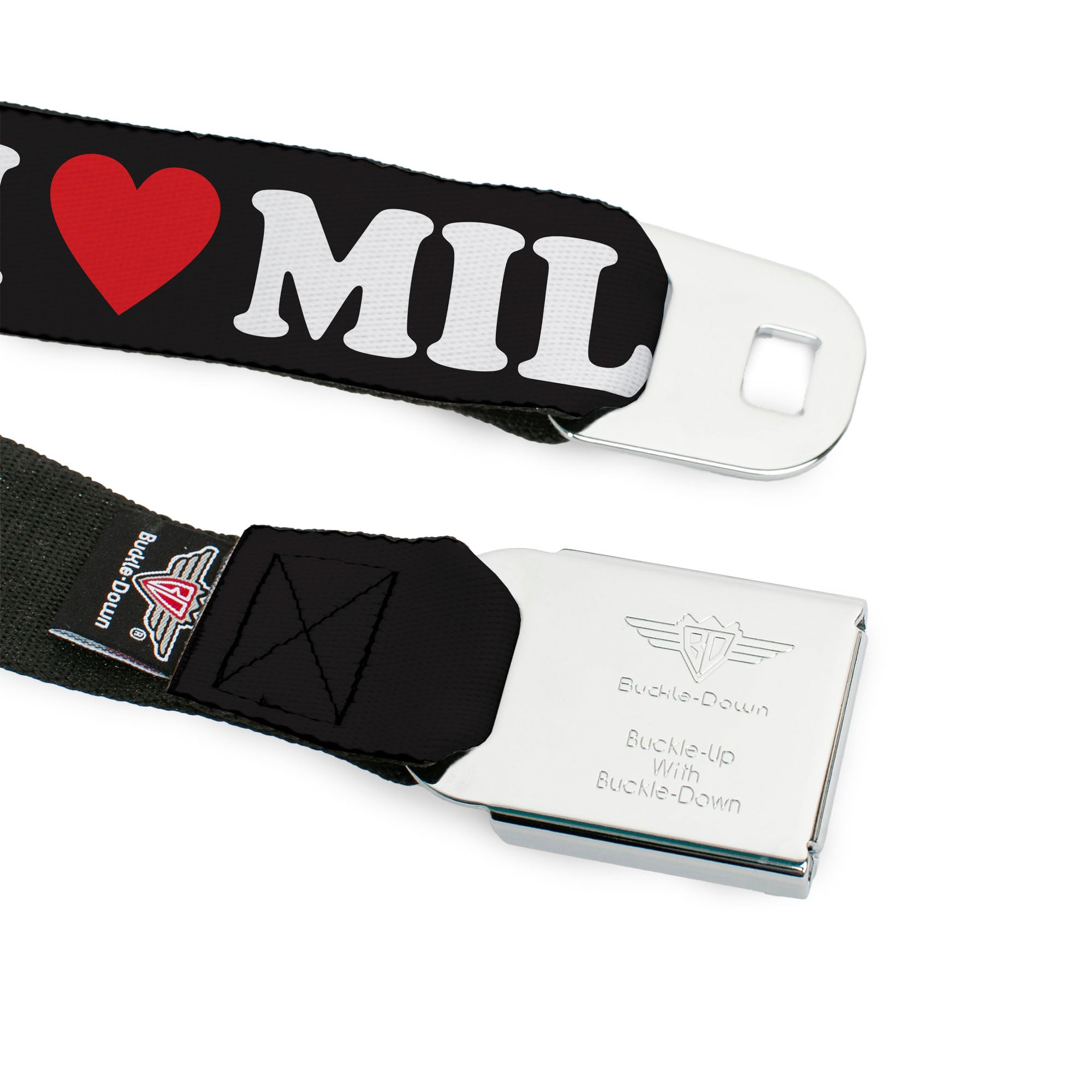 BD Wings Logo CLOSE-UP Black/Silver Seatbelt Belt - I "HEART" MILFS Black/White/Red Webbing Seatbelt Belts Buckle-Down
