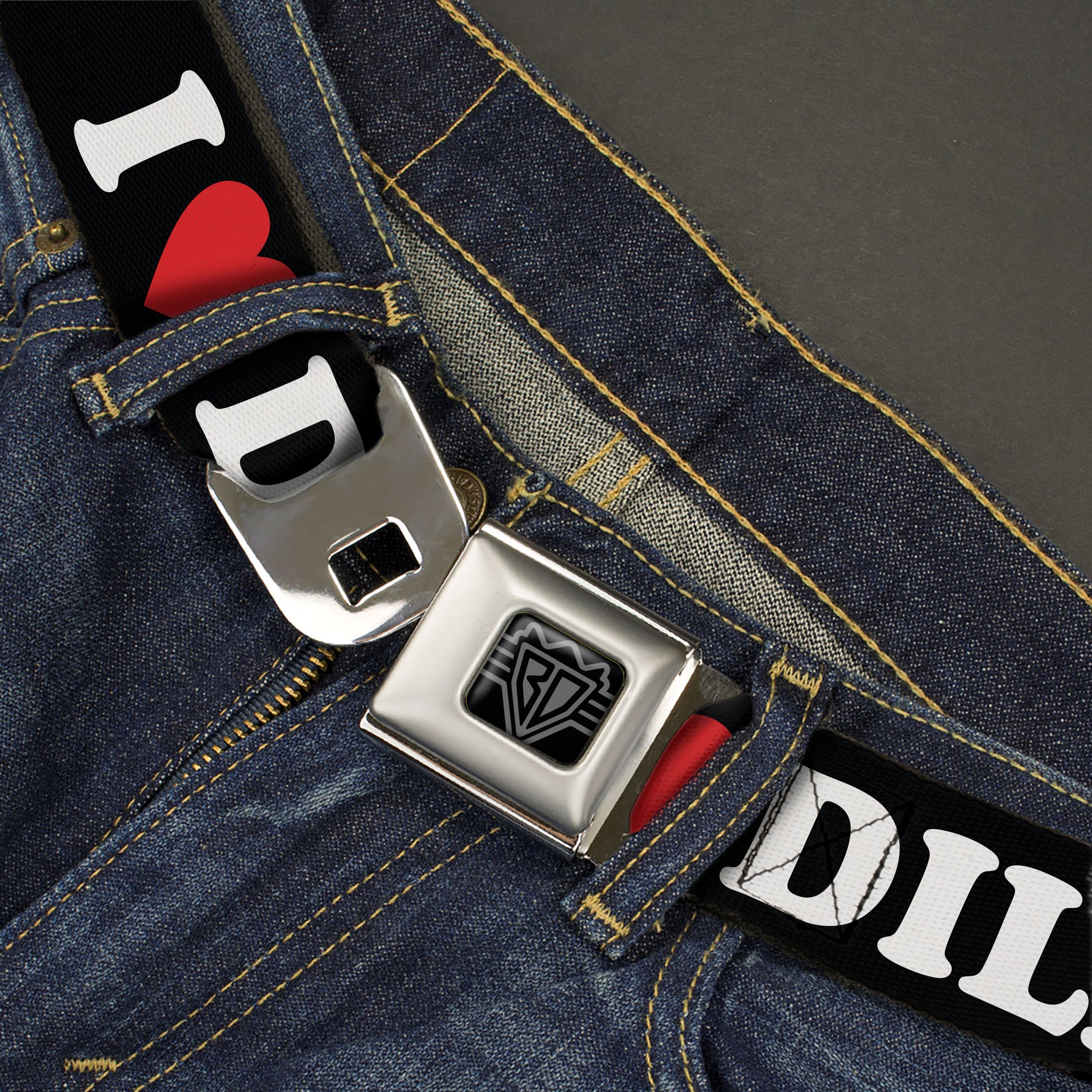 BD Wings Logo CLOSE-UP Black/Silver Seatbelt Belt - I "HEART" DILFS Black/White/Red Webbing Seatbelt Belts Buckle-Down