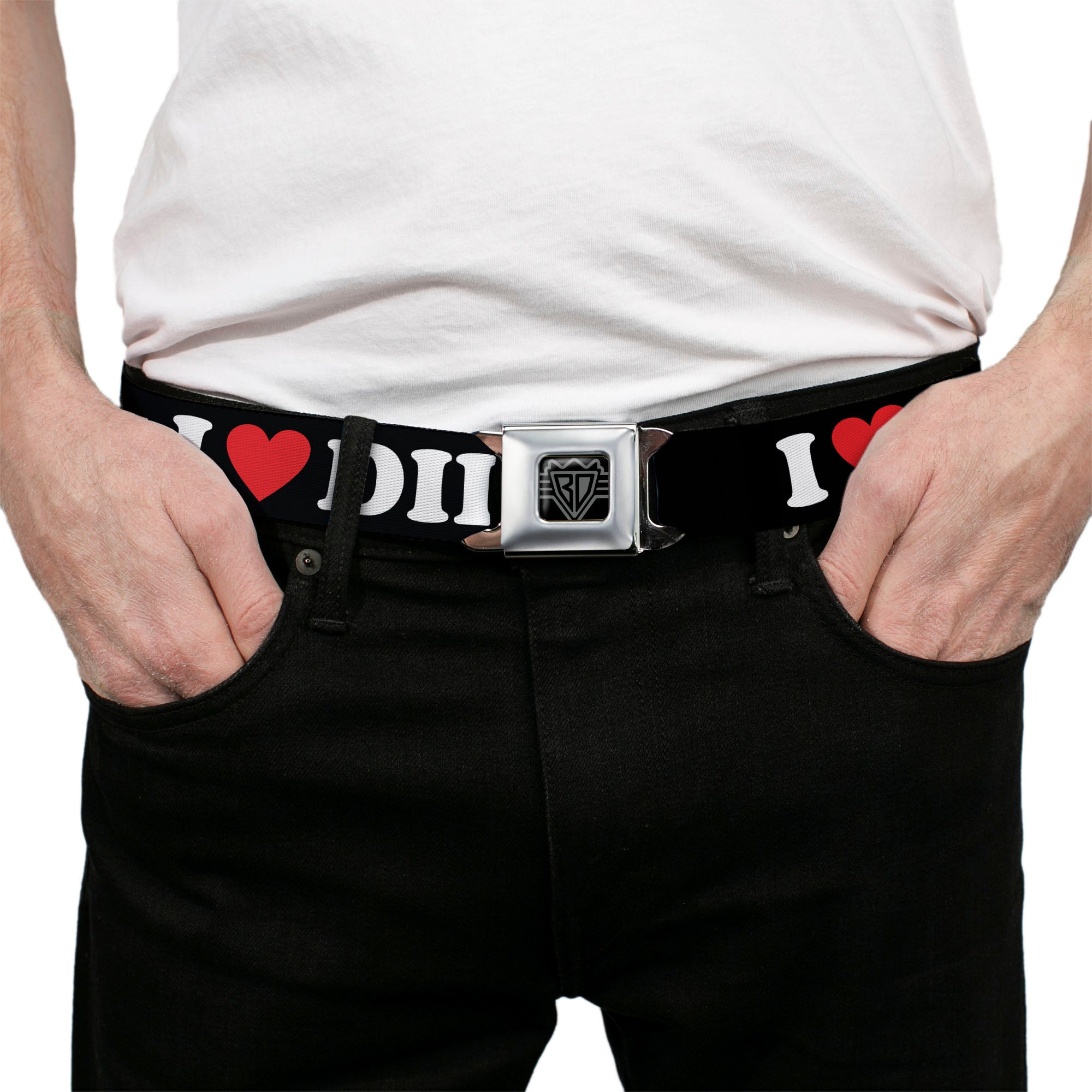 BD Wings Logo CLOSE-UP Black/Silver Seatbelt Belt - I "HEART" DILFS Black/White/Red Webbing Seatbelt Belts Buckle-Down