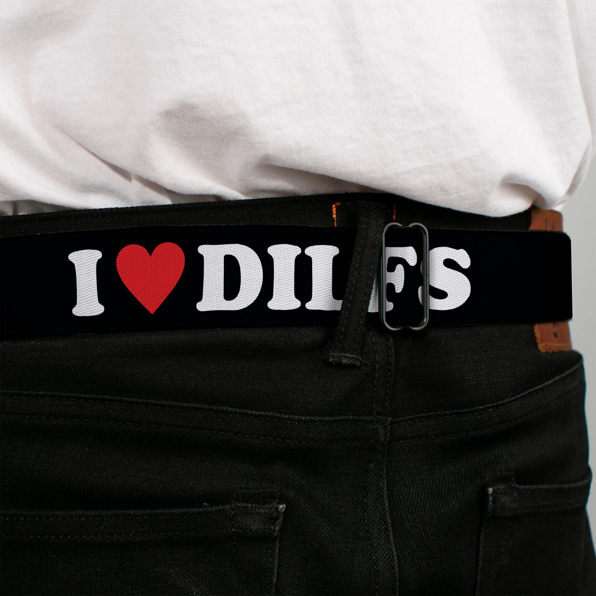 BD Wings Logo CLOSE-UP Black/Silver Seatbelt Belt - I "HEART" DILFS Black/White/Red Webbing Seatbelt Belts Buckle-Down