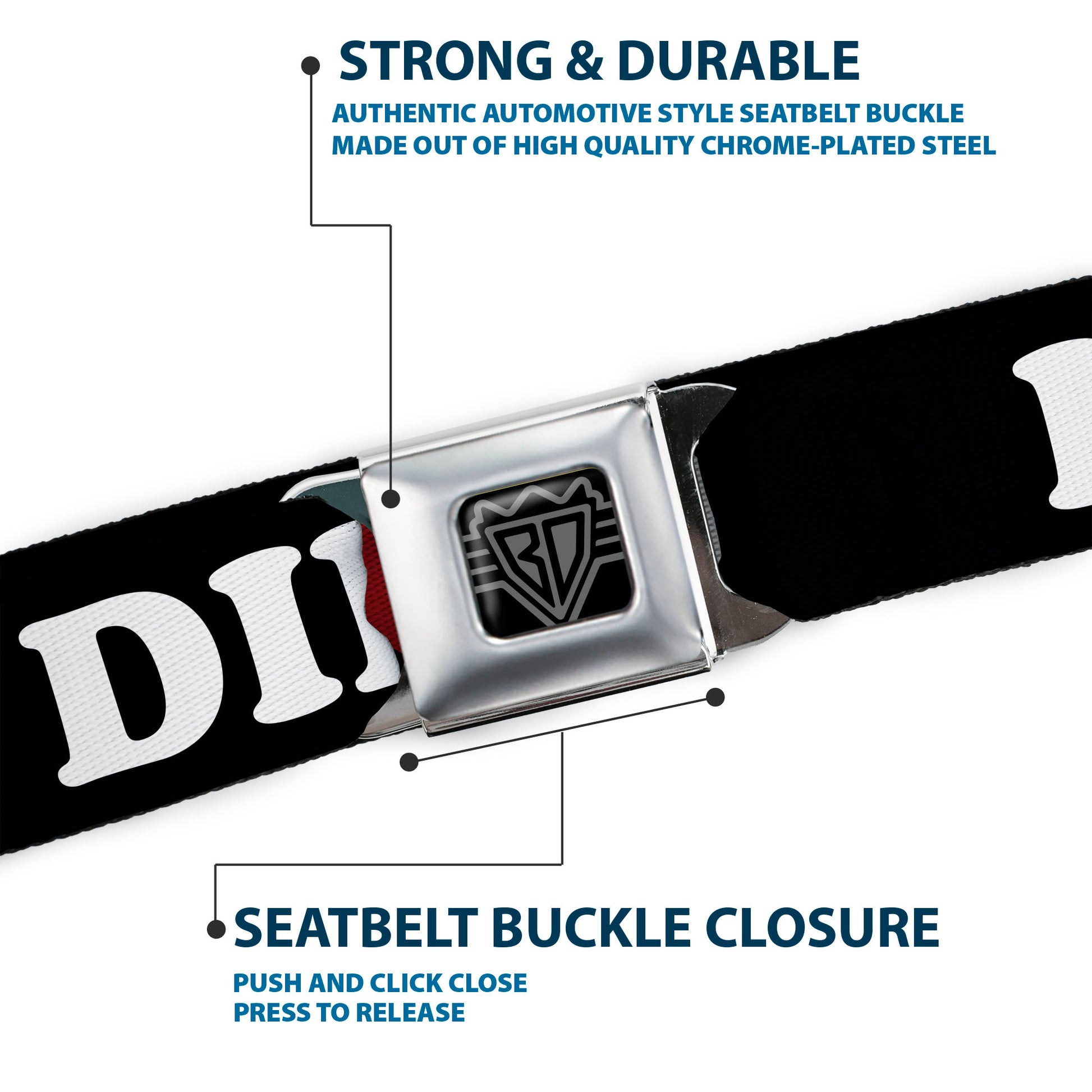 BD Wings Logo CLOSE-UP Black/Silver Seatbelt Belt - I "HEART" DILFS Black/White/Red Webbing Seatbelt Belts Buckle-Down