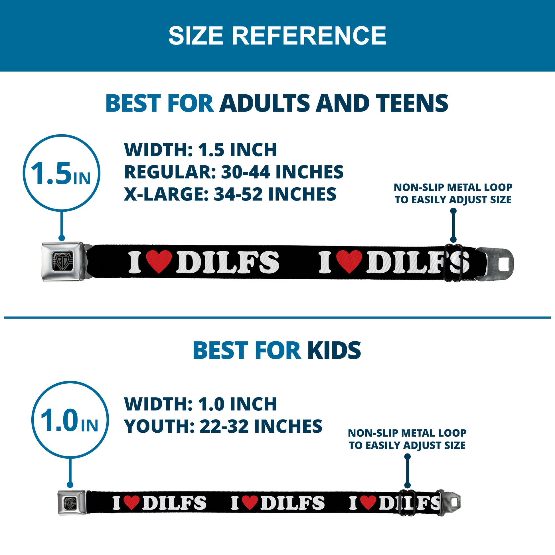 BD Wings Logo CLOSE-UP Black/Silver Seatbelt Belt - I "HEART" DILFS Black/White/Red Webbing Seatbelt Belts Buckle-Down