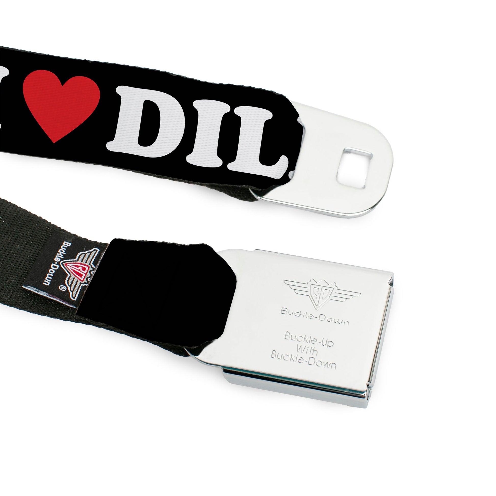 BD Wings Logo CLOSE-UP Black/Silver Seatbelt Belt - I "HEART" DILFS Black/White/Red Webbing Seatbelt Belts Buckle-Down