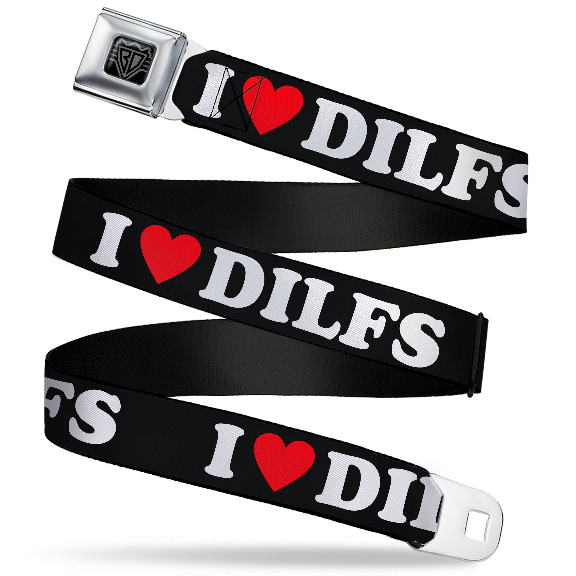 BD Wings Logo CLOSE-UP Black/Silver Seatbelt Belt - I "HEART" DILFS Black/White/Red Webbing Seatbelt Belts Buckle-Down