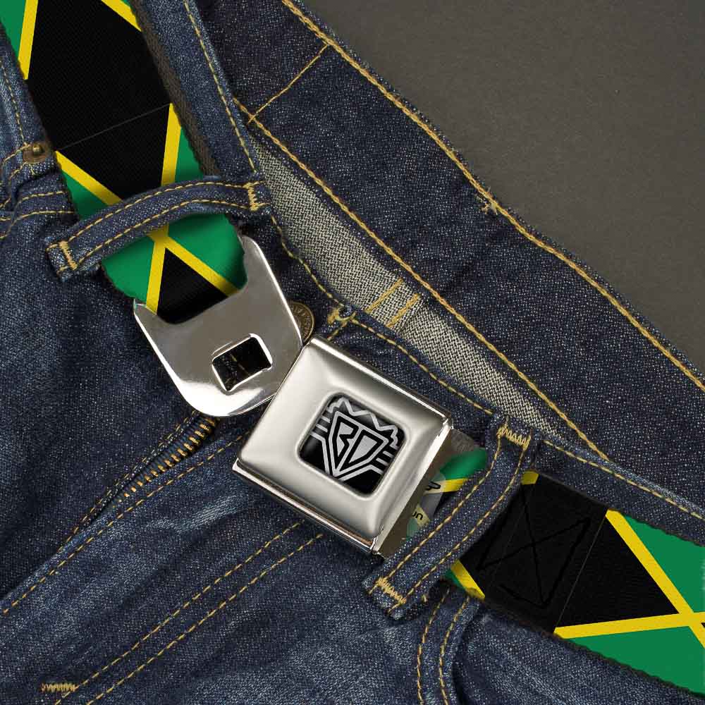 BD Wings Logo CLOSE-UP Full Color Black Silver Seatbelt Belt - Jamaica Flags Webbing Seatbelt Belts Buckle-Down