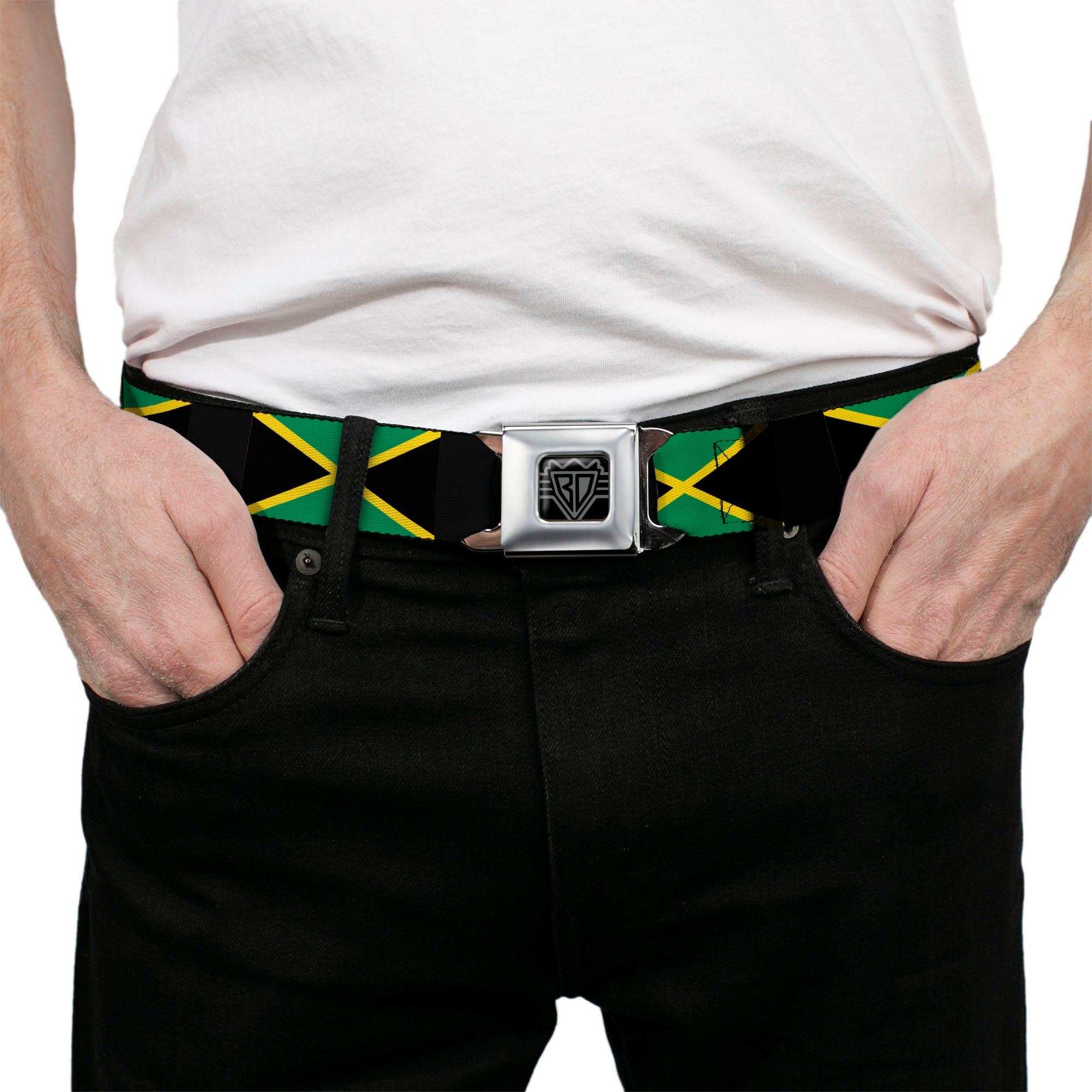 BD Wings Logo CLOSE-UP Full Color Black Silver Seatbelt Belt - Jamaica Flags Webbing Seatbelt Belts Buckle-Down