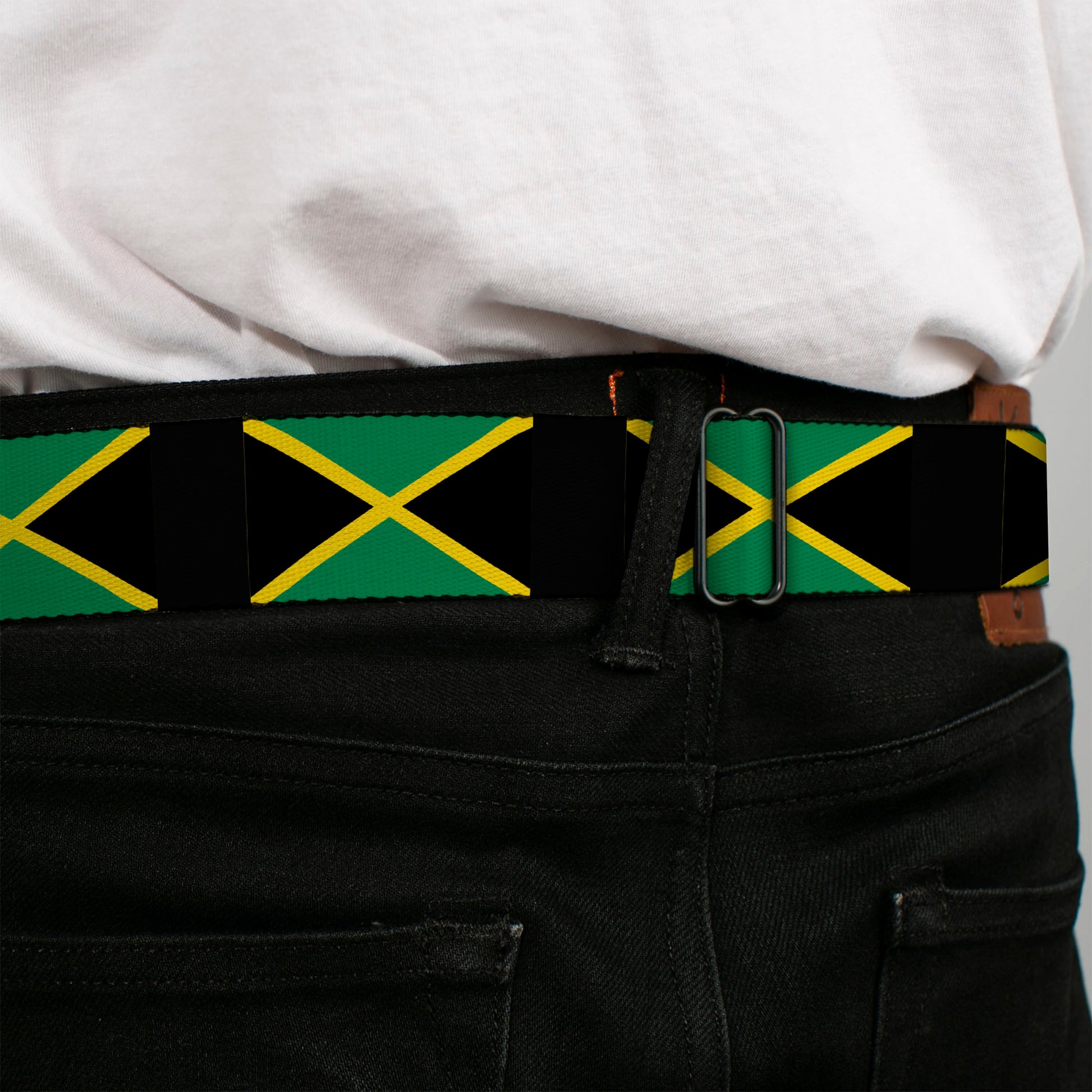 BD Wings Logo CLOSE-UP Full Color Black Silver Seatbelt Belt - Jamaica Flags Webbing Seatbelt Belts Buckle-Down