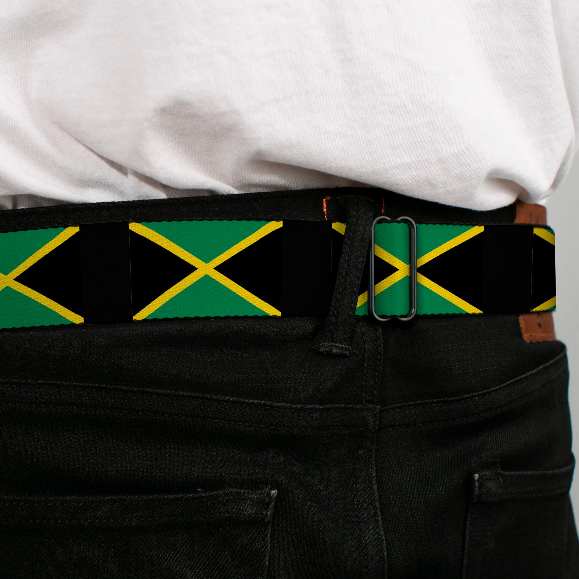 BD Wings Logo CLOSE-UP Full Color Black Silver Seatbelt Belt - Jamaica Flags Webbing Seatbelt Belts Buckle-Down