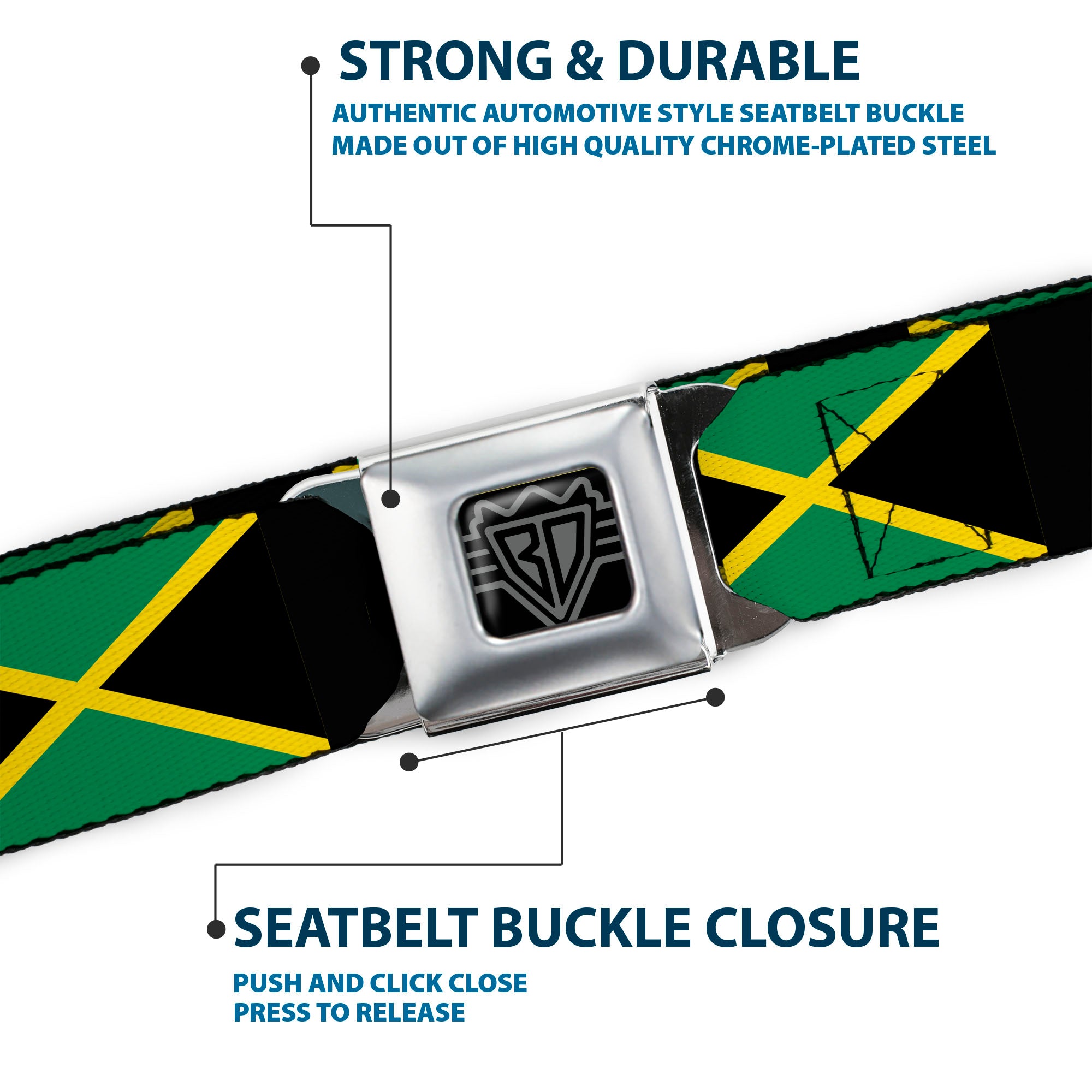 BD Wings Logo CLOSE-UP Full Color Black Silver Seatbelt Belt - Jamaica Flags Webbing Seatbelt Belts Buckle-Down