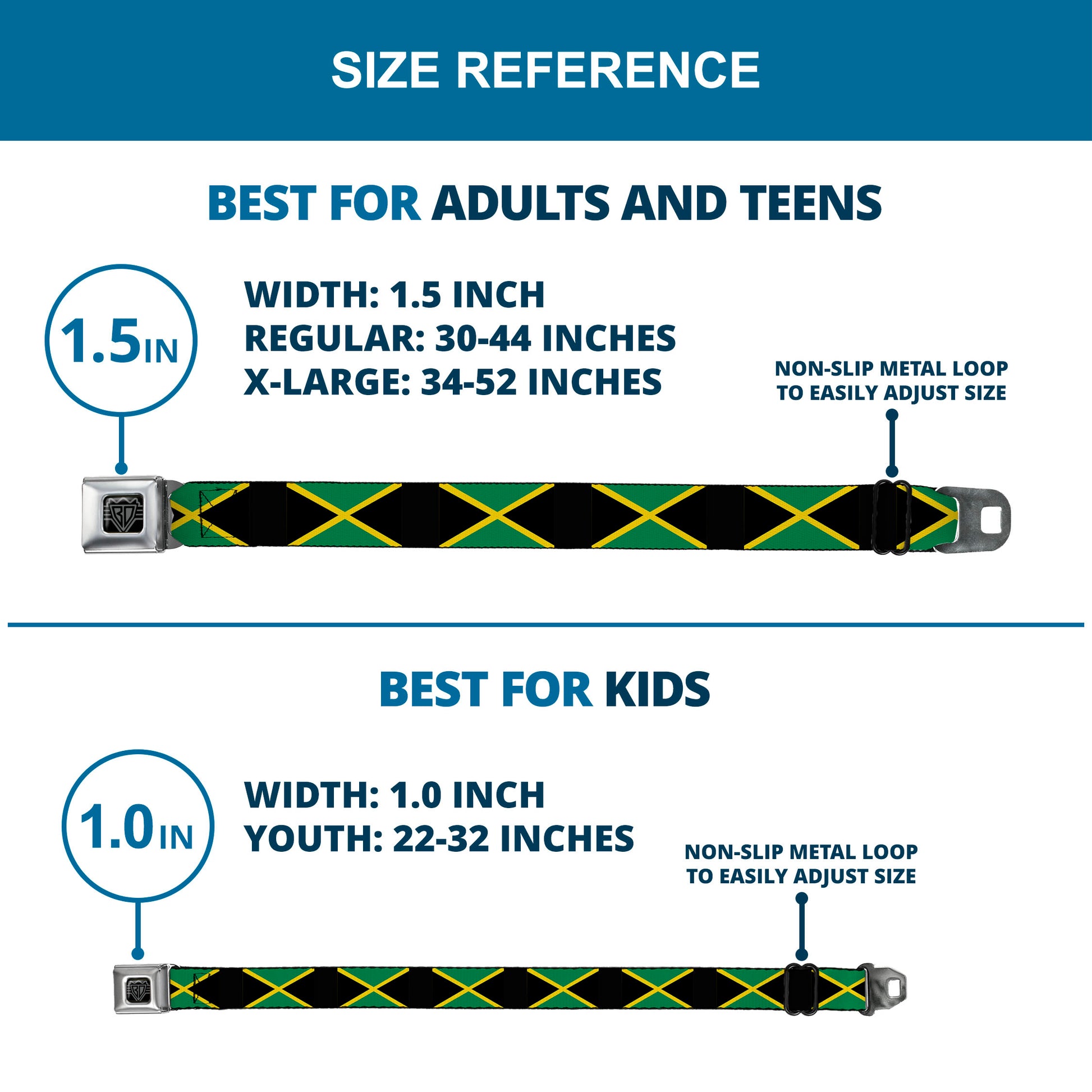 BD Wings Logo CLOSE-UP Full Color Black Silver Seatbelt Belt - Jamaica Flags Webbing Seatbelt Belts Buckle-Down