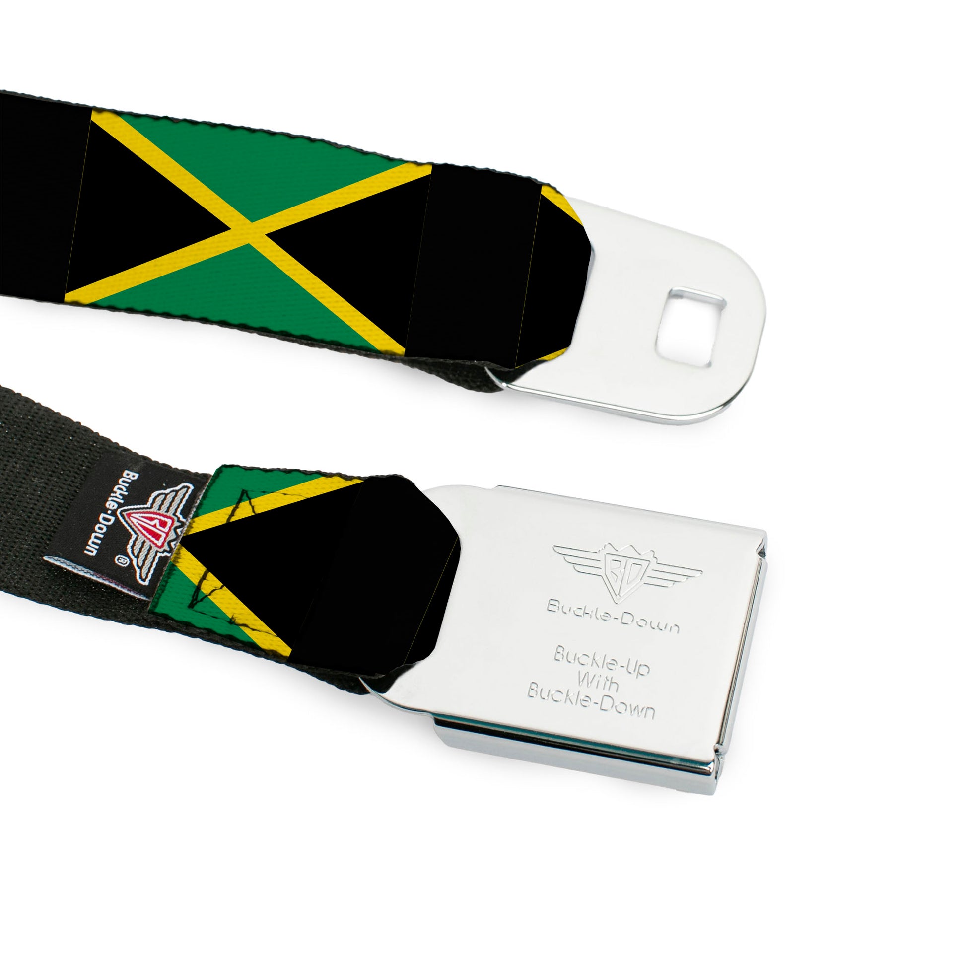 BD Wings Logo CLOSE-UP Full Color Black Silver Seatbelt Belt - Jamaica Flags Webbing Seatbelt Belts Buckle-Down