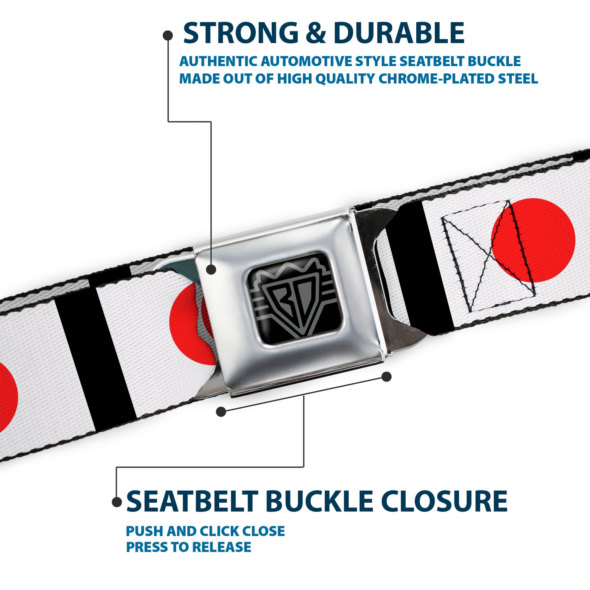 BD Wings Logo CLOSE-UP Full Color Black Silver Seatbelt Belt - Japan Flags Webbing Seatbelt Belts Buckle-Down