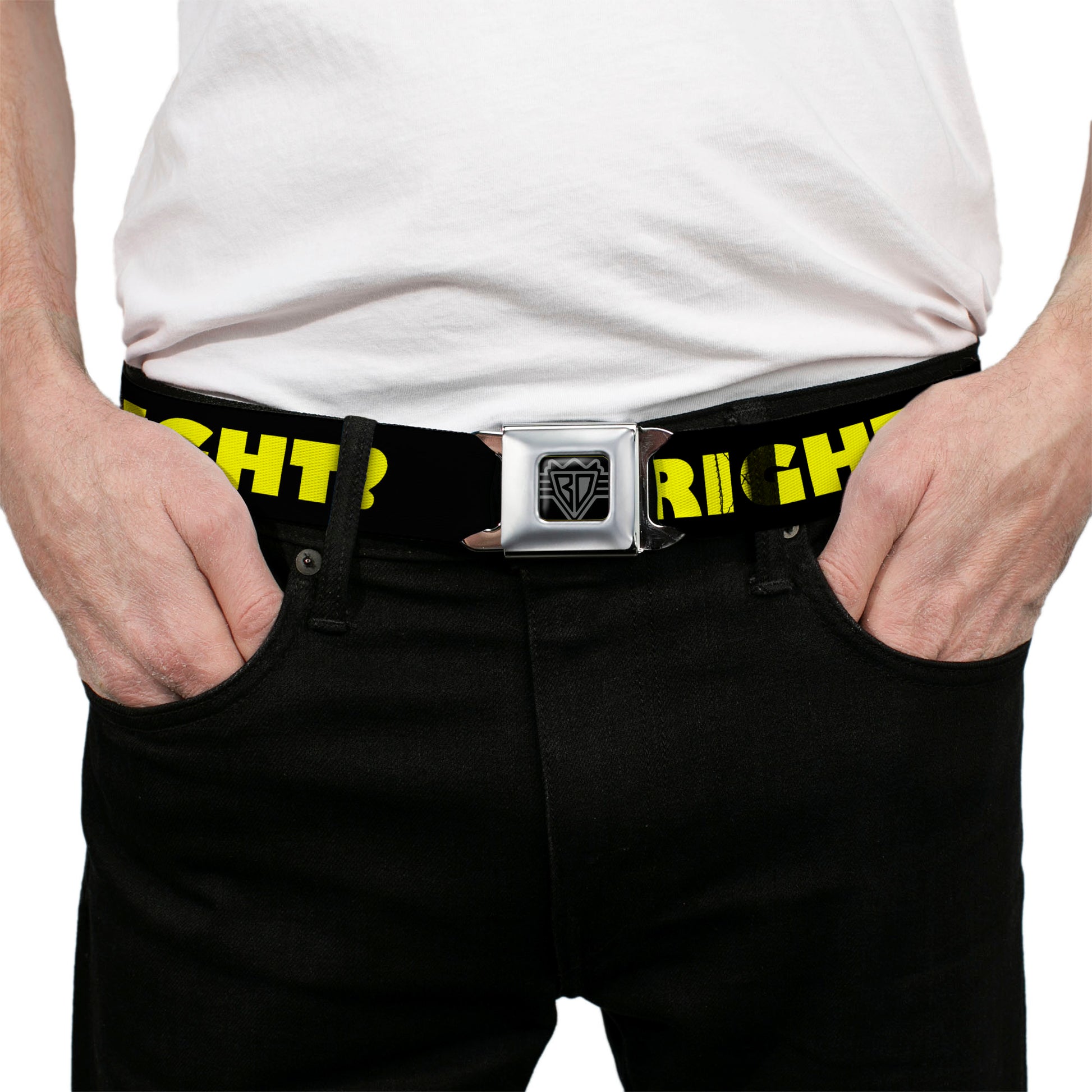 BD Wings Logo CLOSE-UP Full Color Black Silver Seatbelt Belt - J/K RIGHT? Black/Yellow Webbing Seatbelt Belts Buckle-Down