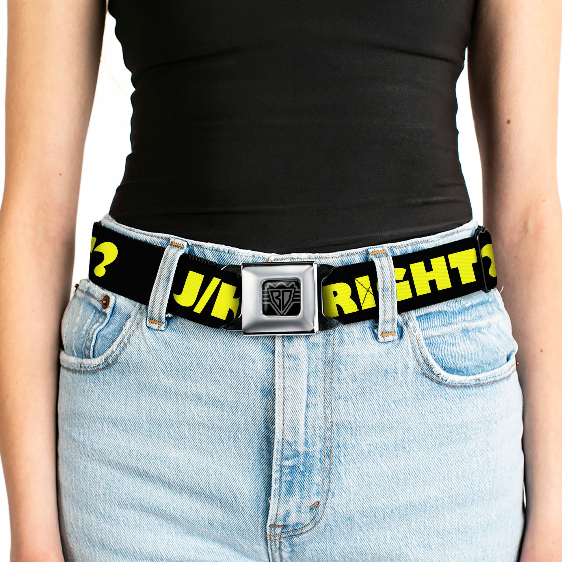 BD Wings Logo CLOSE-UP Full Color Black Silver Seatbelt Belt - J/K RIGHT? Black/Yellow Webbing Seatbelt Belts Buckle-Down
