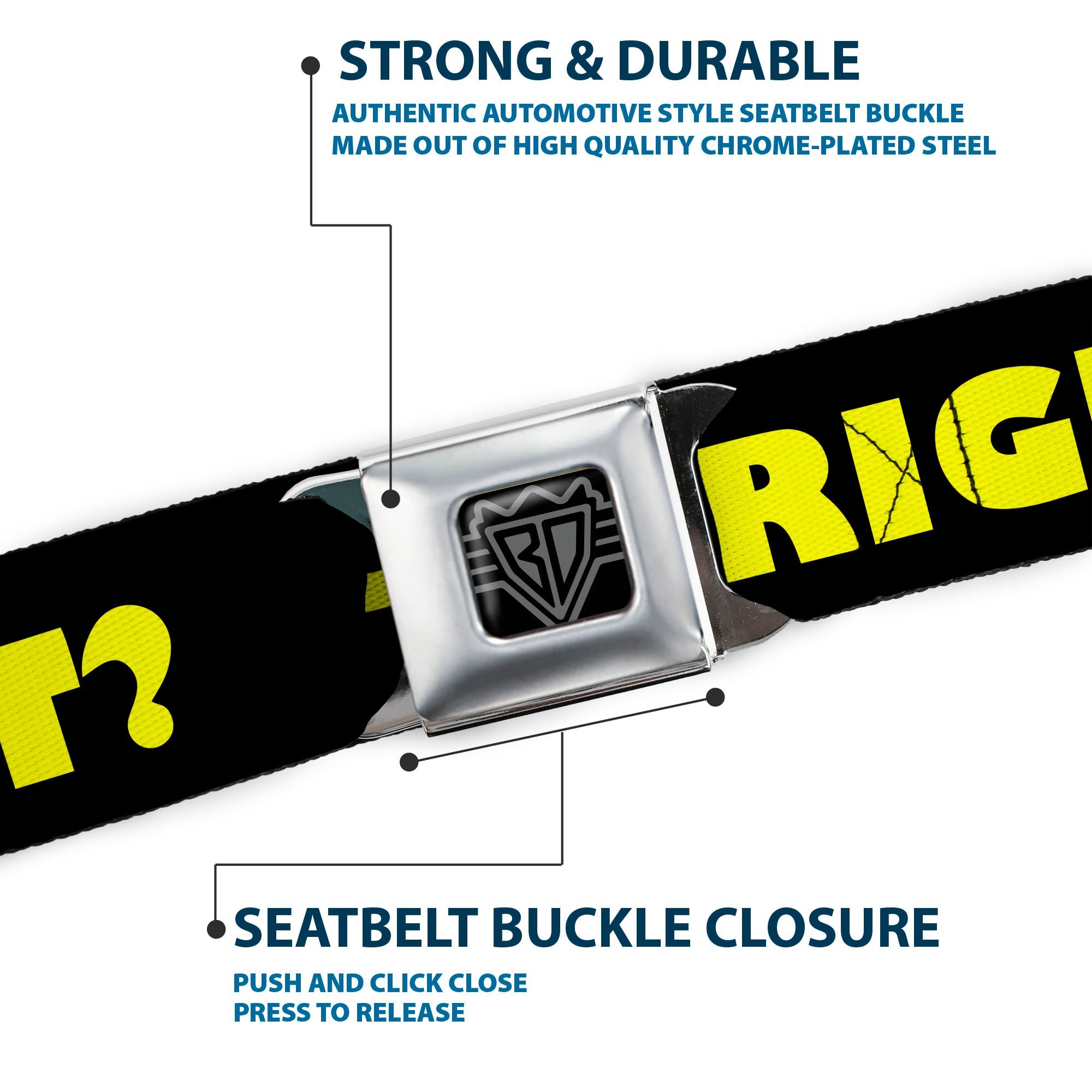 BD Wings Logo CLOSE-UP Full Color Black Silver Seatbelt Belt - J/K RIGHT? Black/Yellow Webbing Seatbelt Belts Buckle-Down