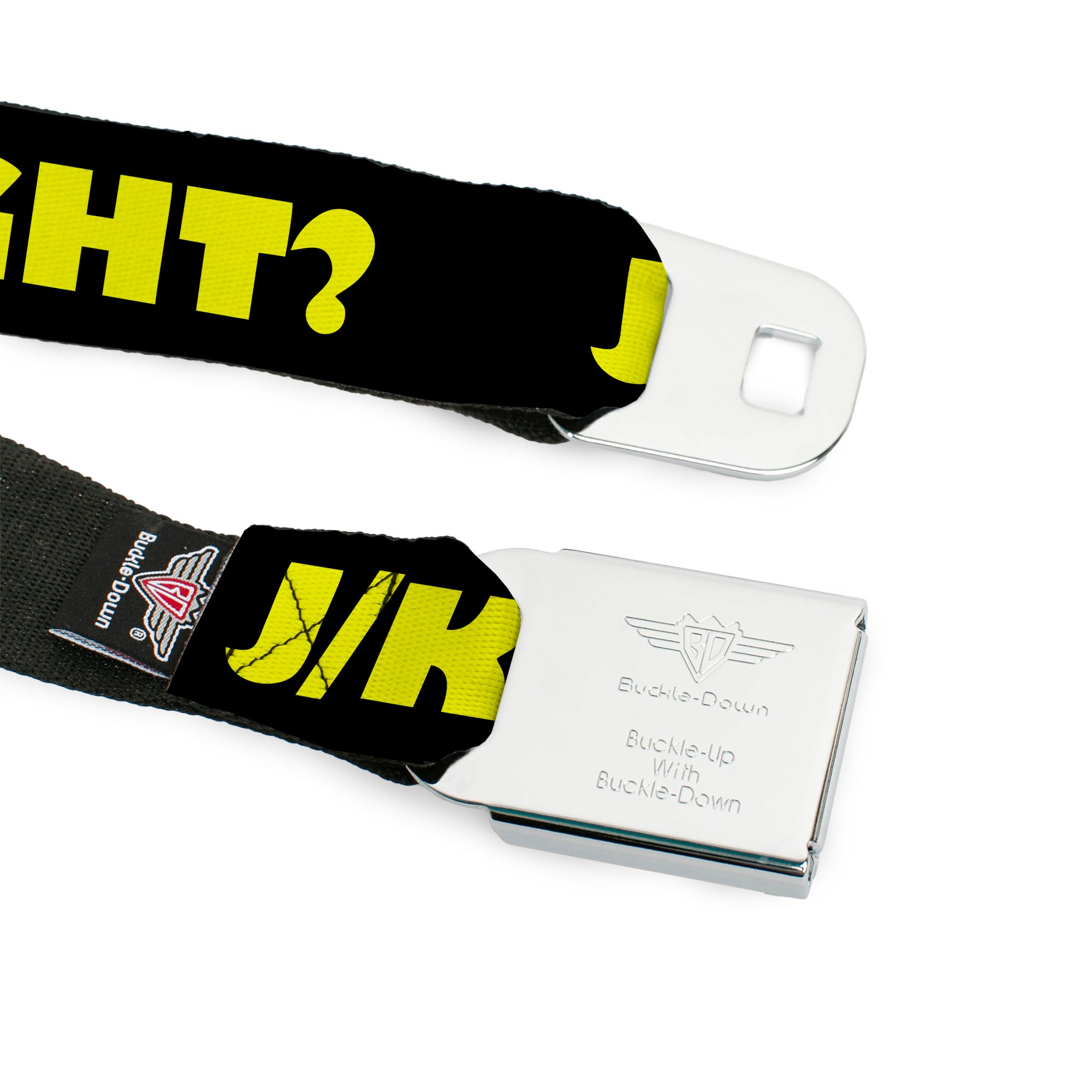 BD Wings Logo CLOSE-UP Full Color Black Silver Seatbelt Belt - J/K RIGHT? Black/Yellow Webbing Seatbelt Belts Buckle-Down