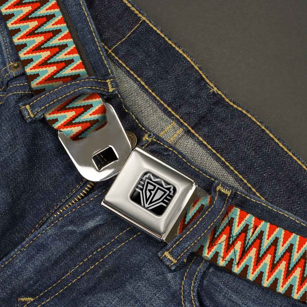BD Wings Logo CLOSE-UP Full Color Black Silver Seatbelt Belt - Jagged Zig Zag Brown/Aqua/Cream/Red Webbing Seatbelt Belts Buckle-Down