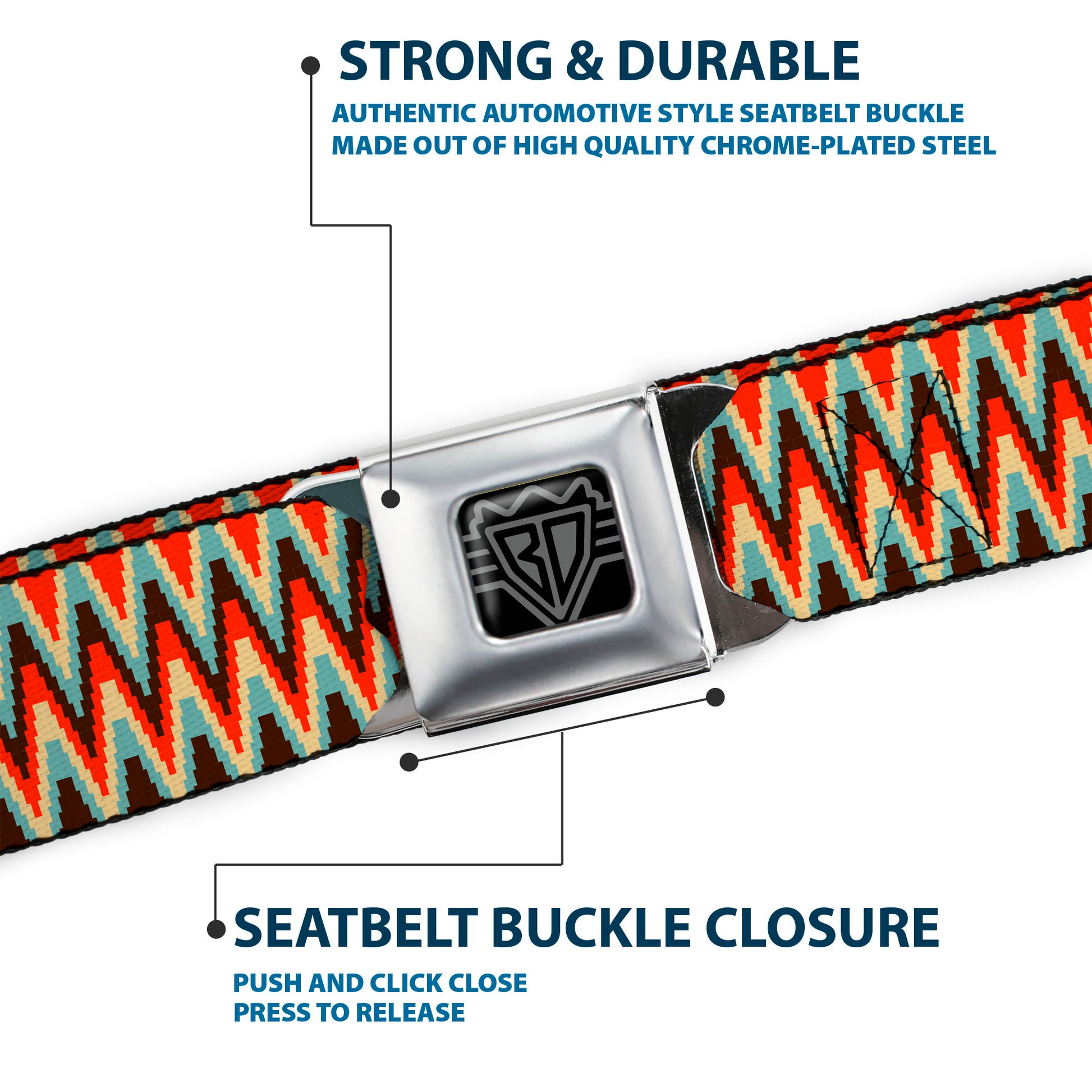BD Wings Logo CLOSE-UP Full Color Black Silver Seatbelt Belt - Jagged Zig Zag Brown/Aqua/Cream/Red Webbing Seatbelt Belts Buckle-Down