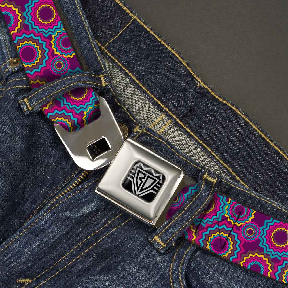 BD Wings Logo CLOSE-UP Full Color Black Silver Seatbelt Belt - Jagged Rings Purples/Blues/Yellow Webbing Seatbelt Belts Buckle-Down