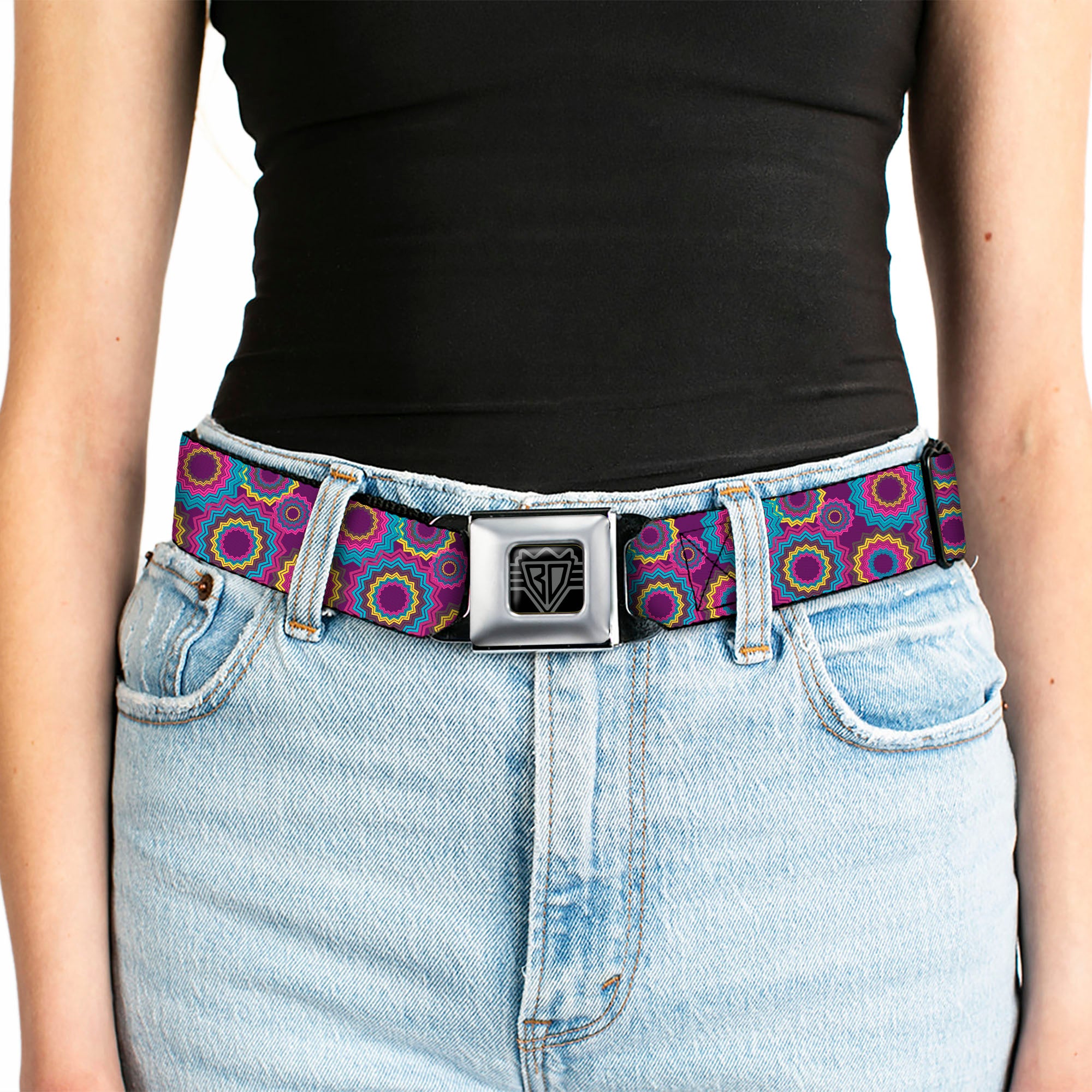 BD Wings Logo CLOSE-UP Full Color Black Silver Seatbelt Belt - Jagged Rings Purples/Blues/Yellow Webbing Seatbelt Belts Buckle-Down