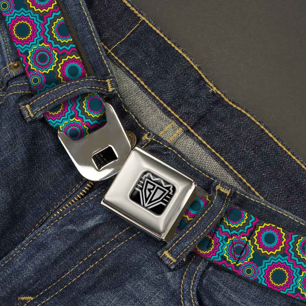 BD Wings Logo CLOSE-UP Full Color Black Silver Seatbelt Belt - Jagged Rings Teals/Fuchsia/Yellow Webbing Seatbelt Belts Buckle-Down