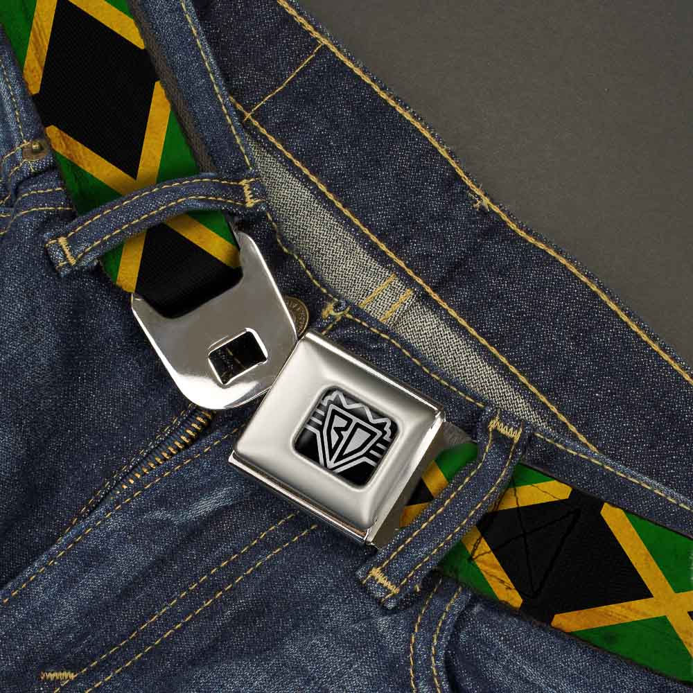 BD Wings Logo CLOSE-UP Full Color Black Silver Seatbelt Belt - Jamaica Flags Vintage Black Webbing Seatbelt Belts Buckle-Down