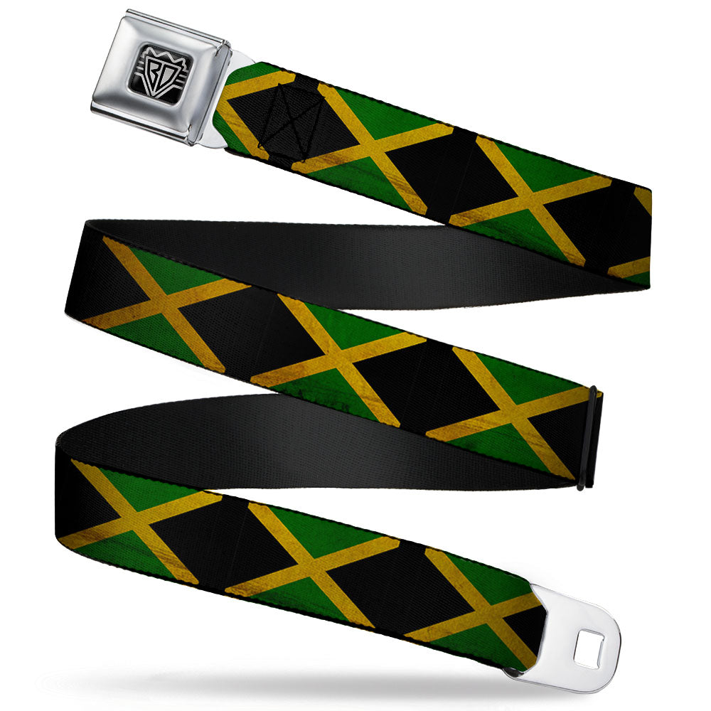 BD Wings Logo CLOSE-UP Full Color Black Silver Seatbelt Belt - Jamaica Flags Vintage Black Webbing Seatbelt Belts Buckle-Down