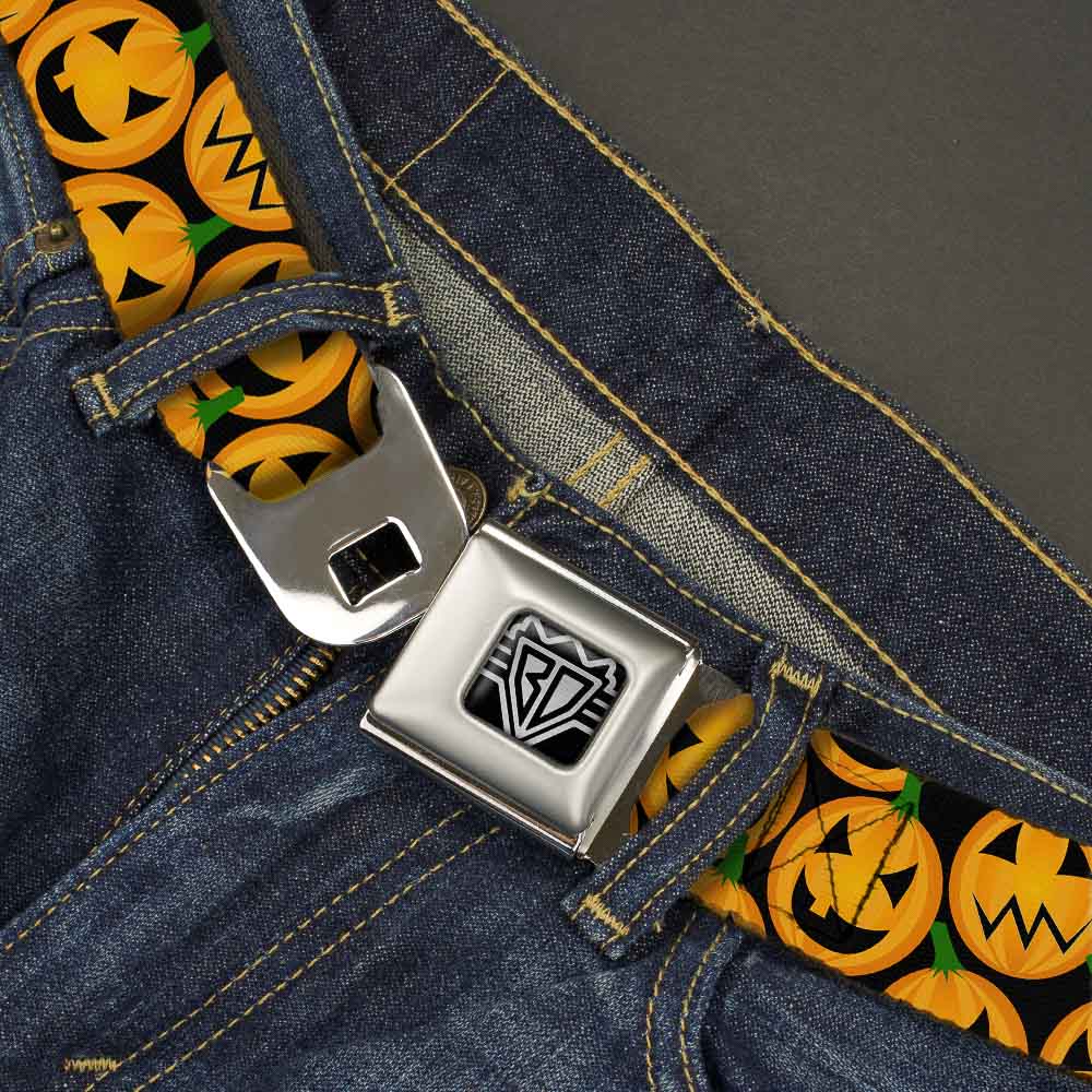 BD Wings Logo CLOSE-UP Full Color Black Silver Seatbelt Belt - Jack-o'-Lantern Collage Black Webbing Seatbelt Belts Buckle-Down