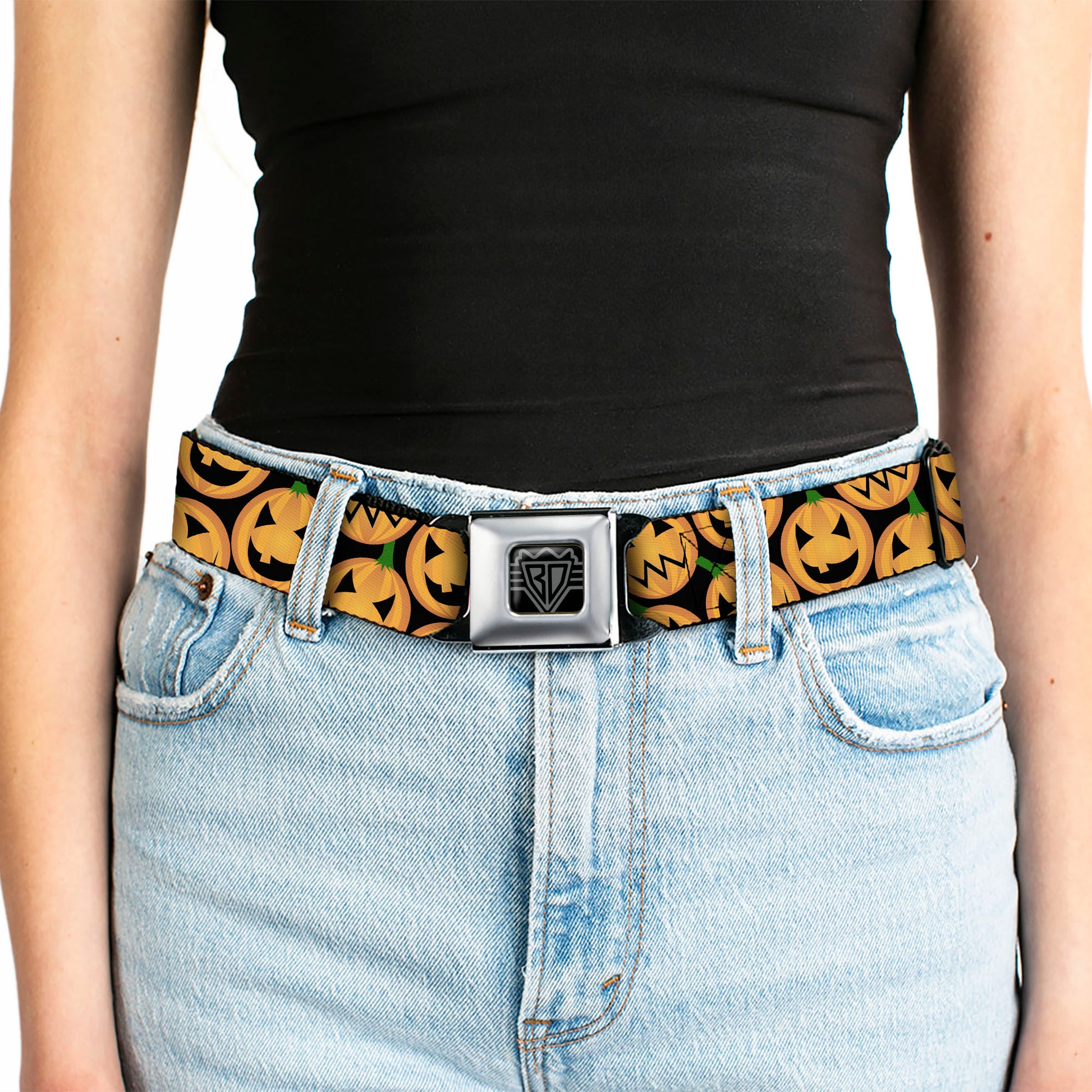 BD Wings Logo CLOSE-UP Full Color Black Silver Seatbelt Belt - Jack-o'-Lantern Collage Black Webbing Seatbelt Belts Buckle-Down
