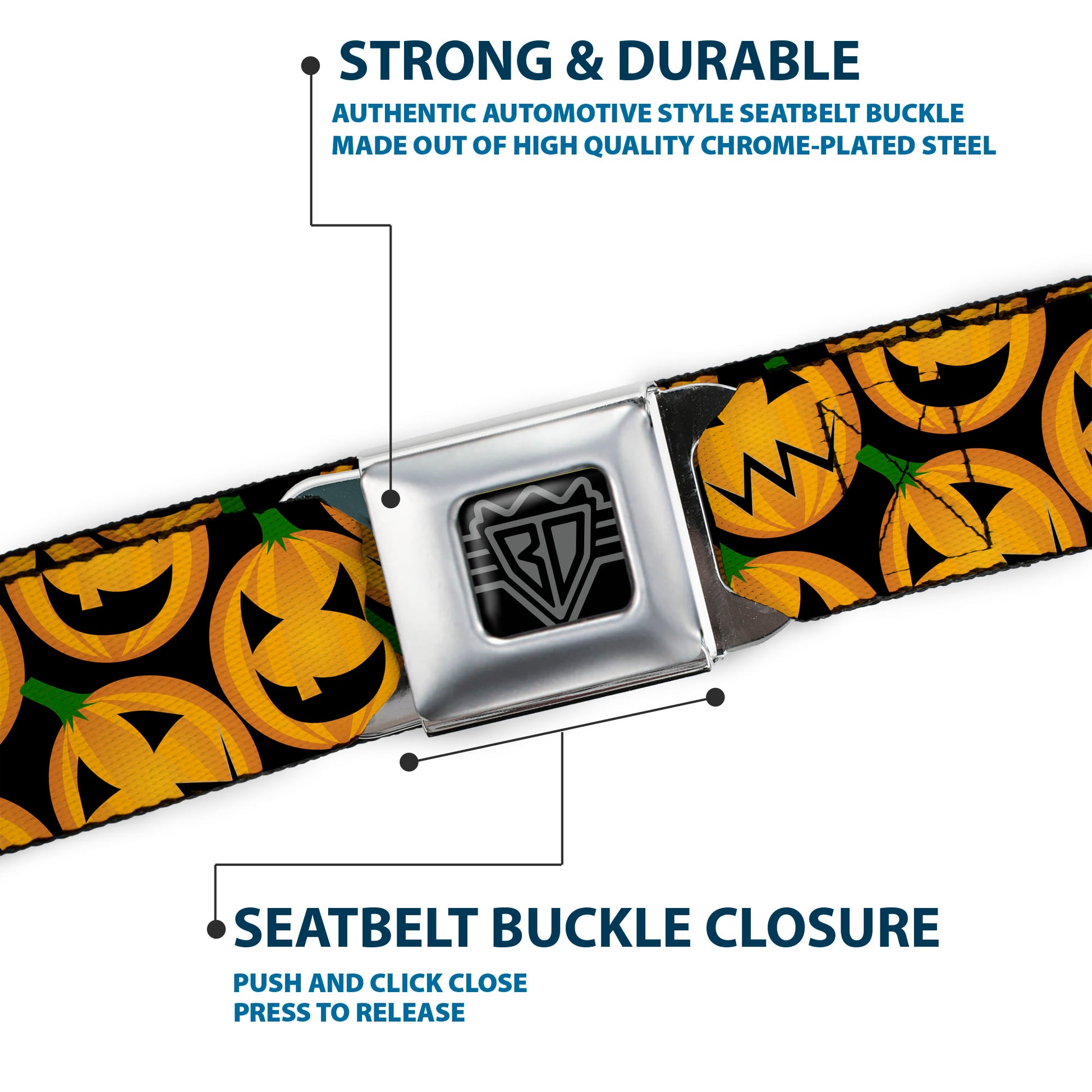 BD Wings Logo CLOSE-UP Full Color Black Silver Seatbelt Belt - Jack-o'-Lantern Collage Black Webbing Seatbelt Belts Buckle-Down