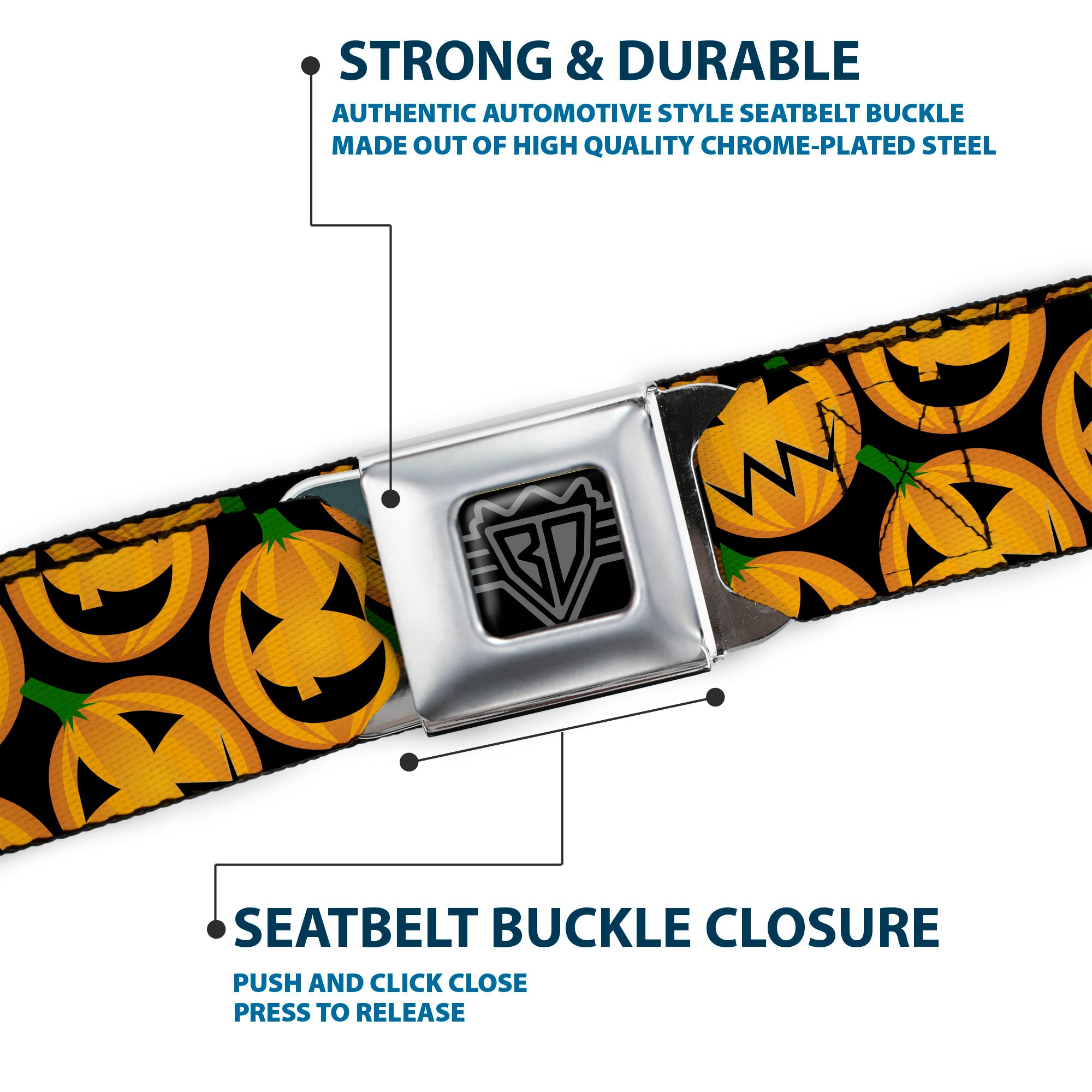 BD Wings Logo CLOSE-UP Full Color Black Silver Seatbelt Belt - Jack-o'-Lantern Collage Black Webbing Seatbelt Belts Buckle-Down