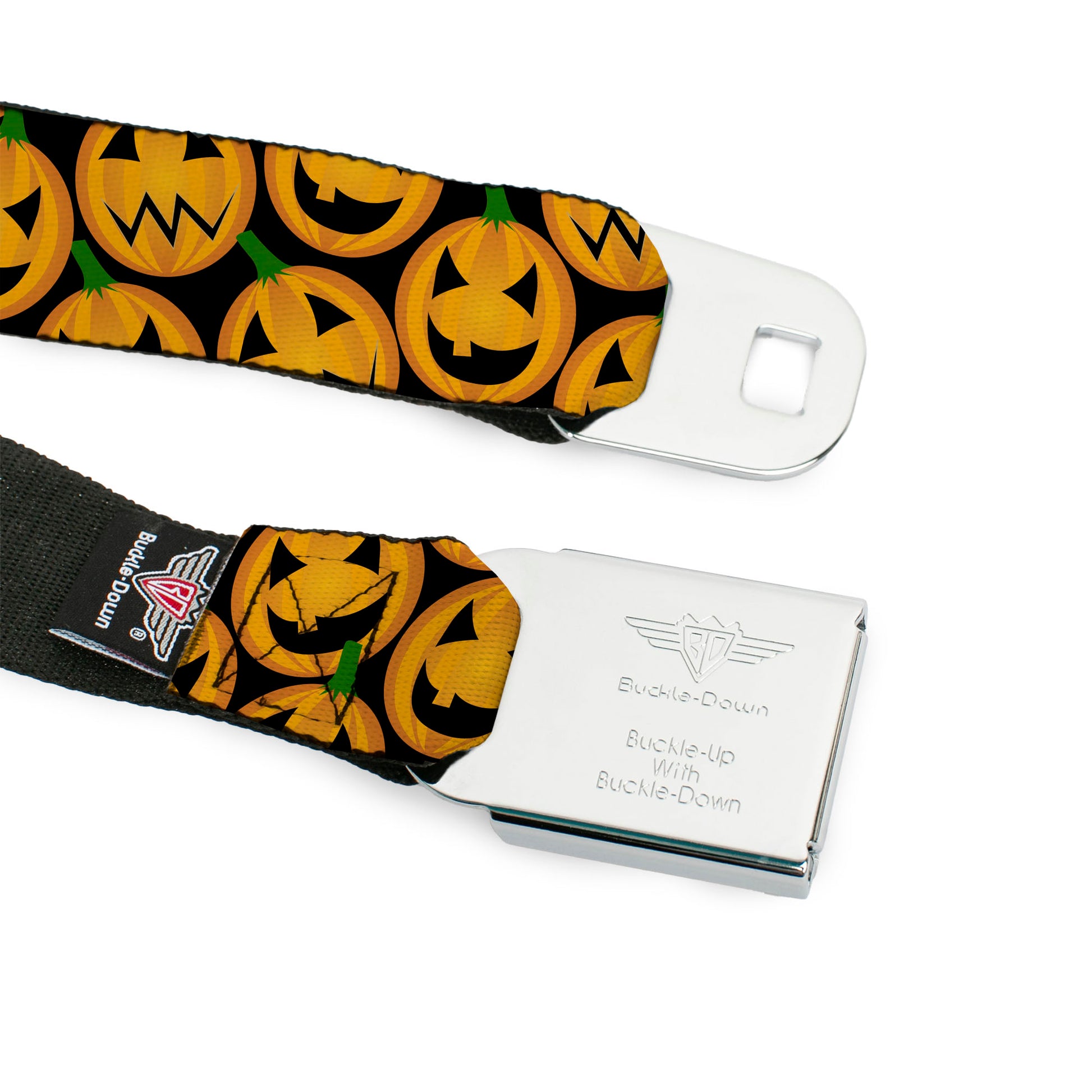 BD Wings Logo CLOSE-UP Full Color Black Silver Seatbelt Belt - Jack-o'-Lantern Collage Black Webbing Seatbelt Belts Buckle-Down