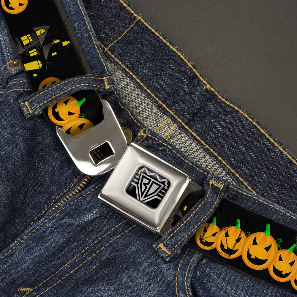 BD Wings Logo CLOSE-UP Full Color Black Silver Seatbelt Belt - Jack-o'-Lanterns/Haunted House Black/Yellow Webbing Seatbelt Belts Buckle-Down