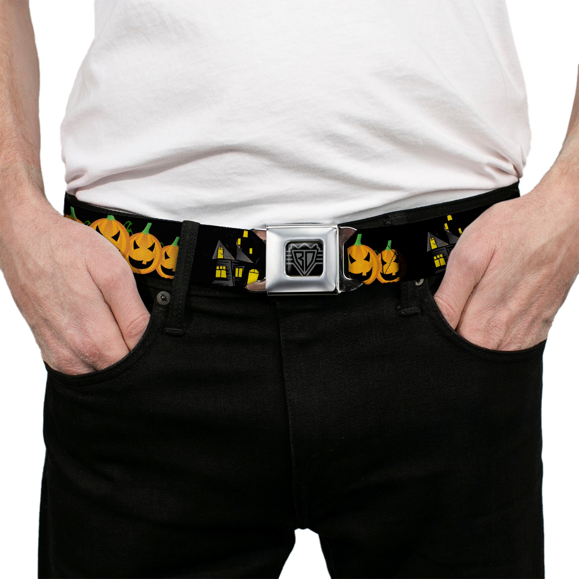 BD Wings Logo CLOSE-UP Full Color Black Silver Seatbelt Belt - Jack-o'-Lanterns/Haunted House Black/Yellow Webbing Seatbelt Belts Buckle-Down