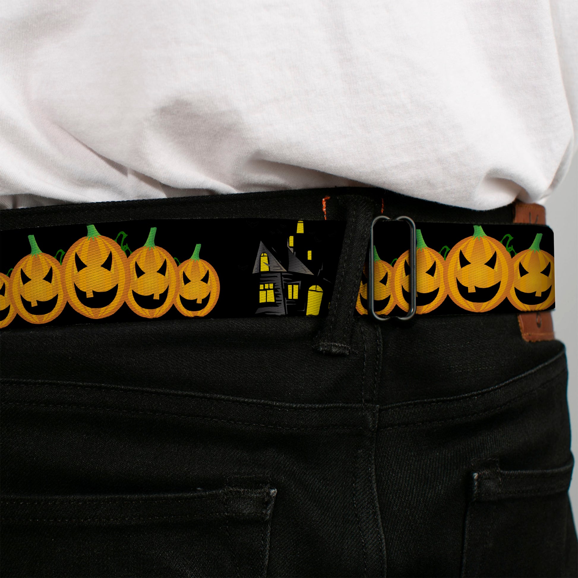 BD Wings Logo CLOSE-UP Full Color Black Silver Seatbelt Belt - Jack-o'-Lanterns/Haunted House Black/Yellow Webbing Seatbelt Belts Buckle-Down