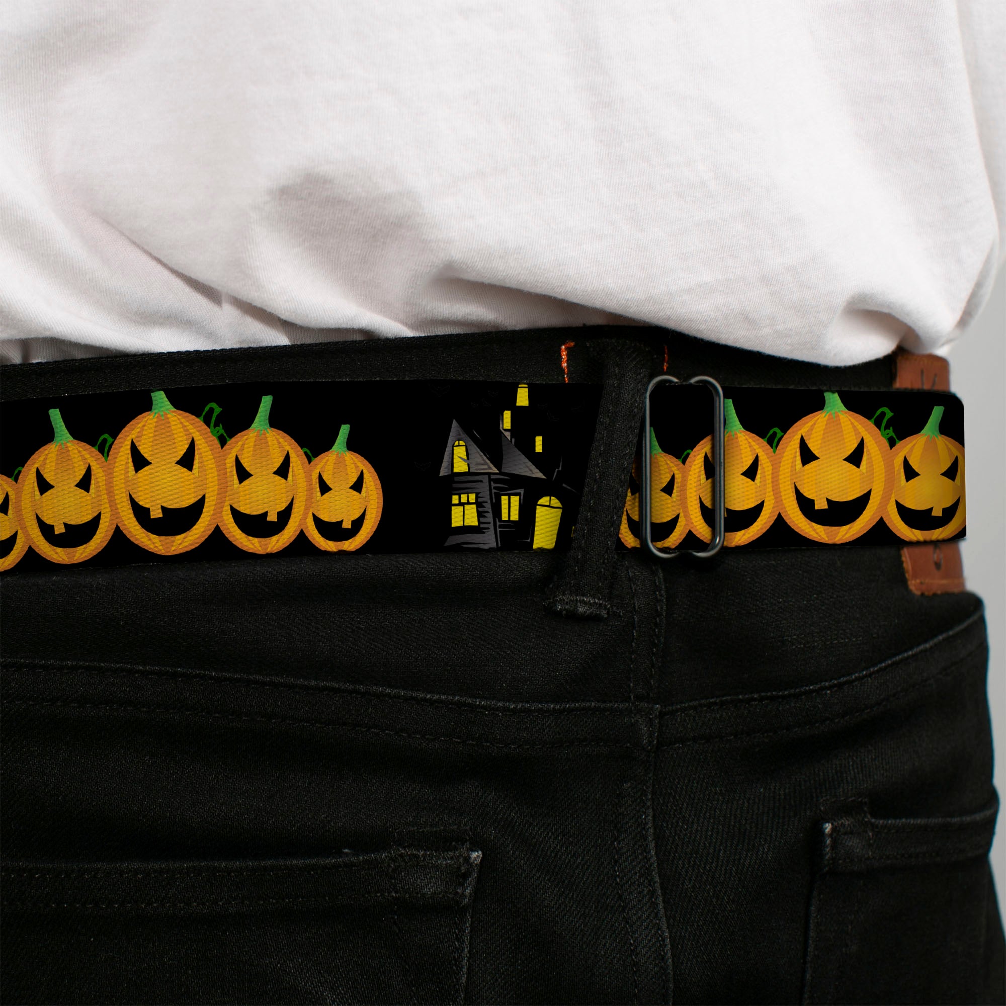 BD Wings Logo CLOSE-UP Full Color Black Silver Seatbelt Belt - Jack-o'-Lanterns/Haunted House Black/Yellow Webbing Seatbelt Belts Buckle-Down