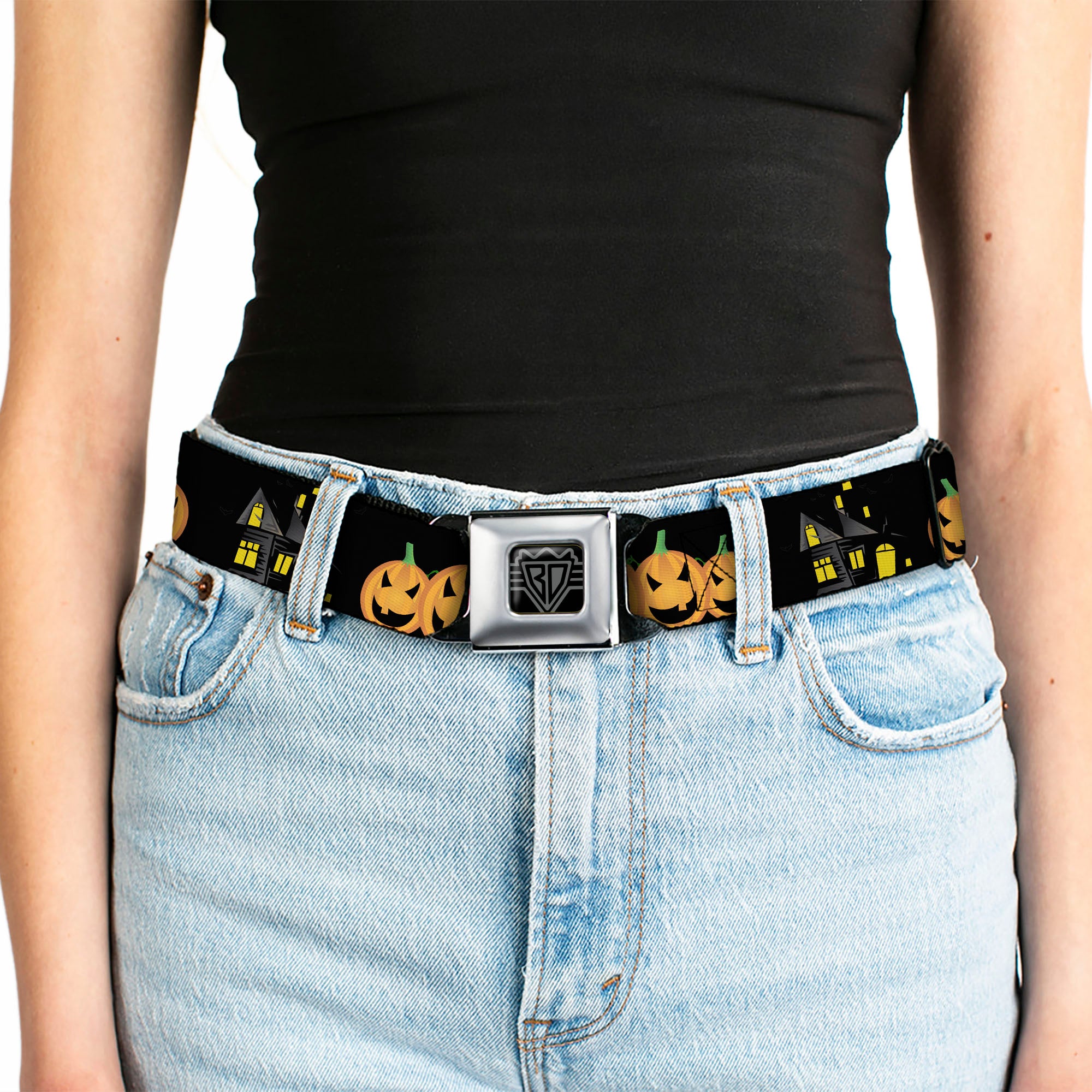 BD Wings Logo CLOSE-UP Full Color Black Silver Seatbelt Belt - Jack-o'-Lanterns/Haunted House Black/Yellow Webbing Seatbelt Belts Buckle-Down