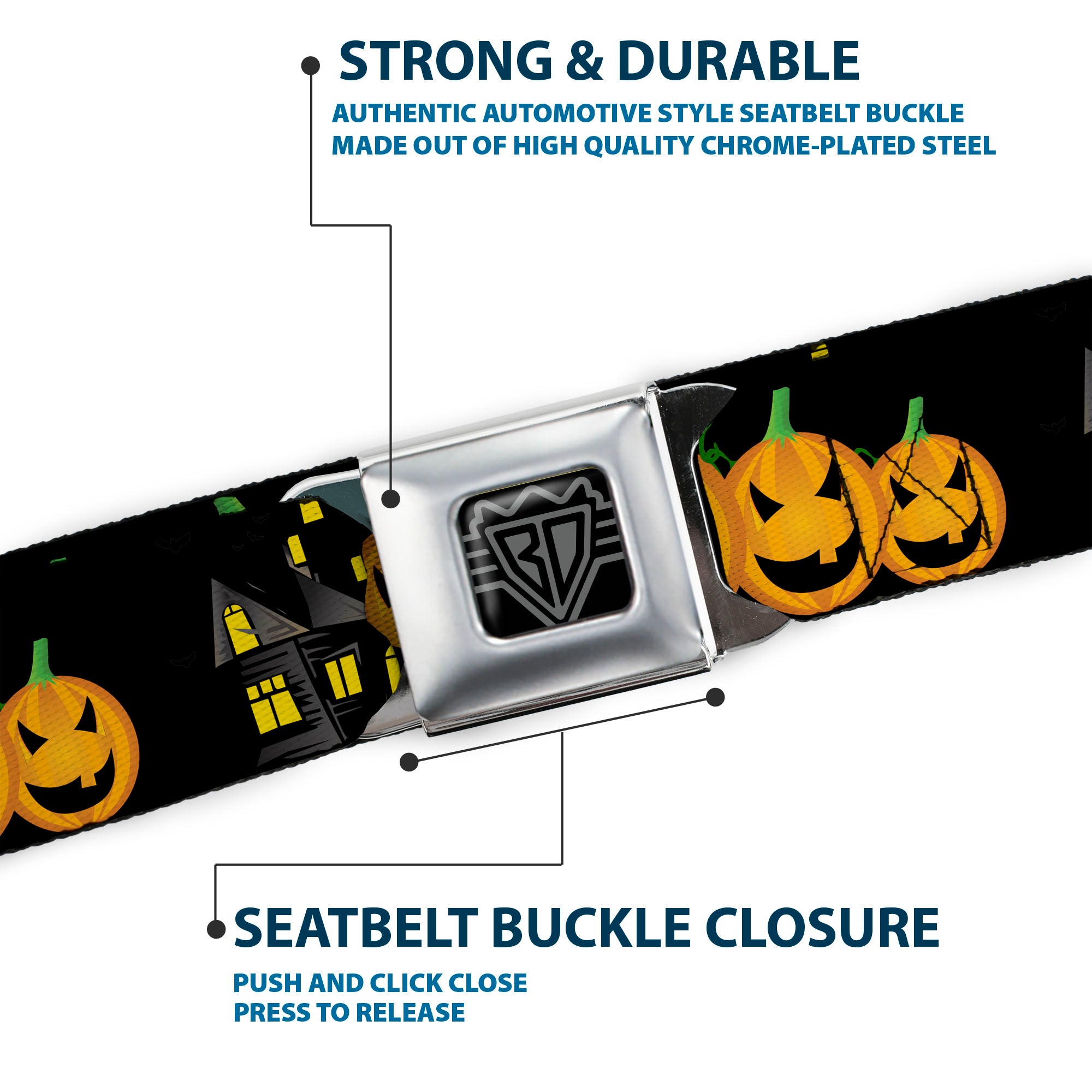 BD Wings Logo CLOSE-UP Full Color Black Silver Seatbelt Belt - Jack-o'-Lanterns/Haunted House Black/Yellow Webbing Seatbelt Belts Buckle-Down
