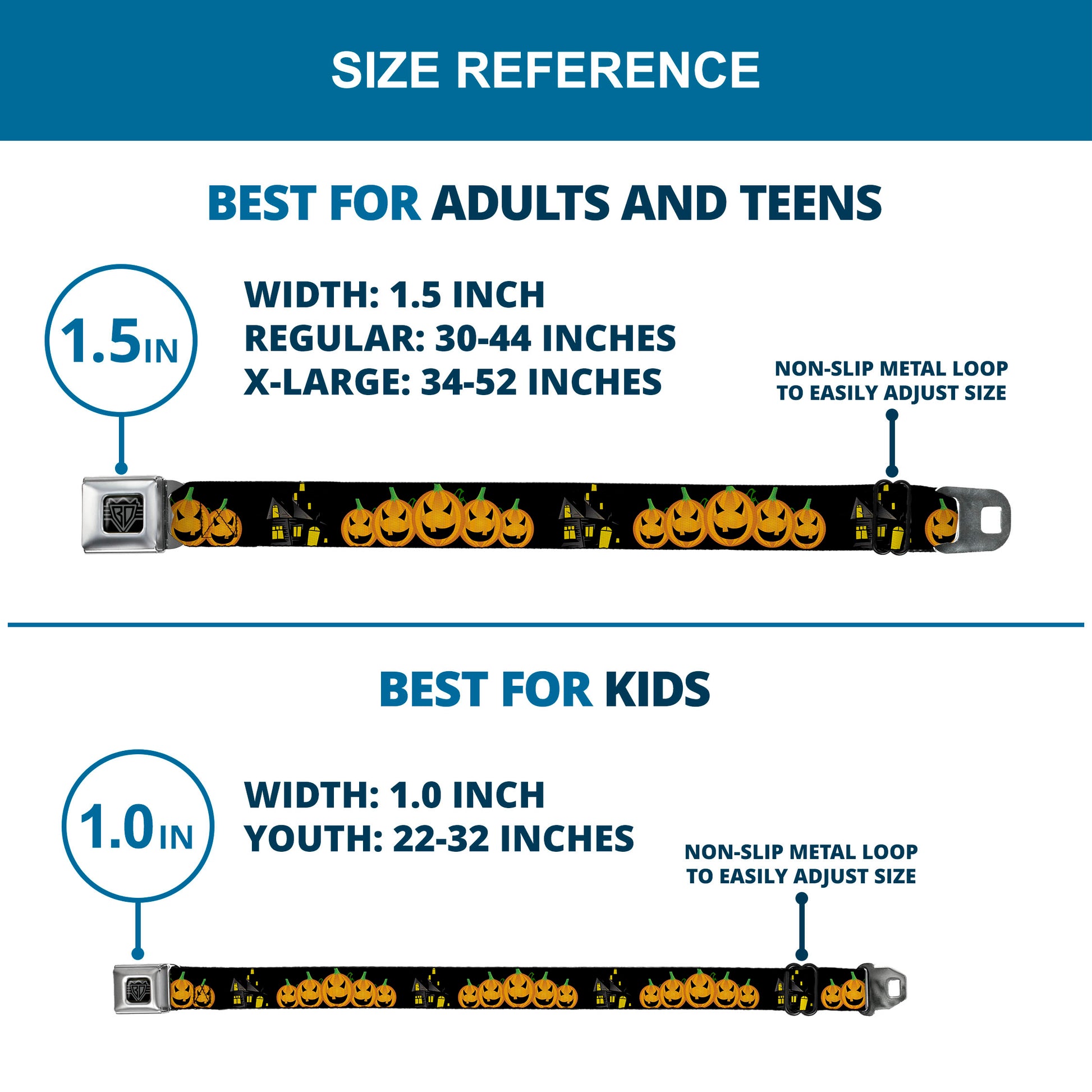 BD Wings Logo CLOSE-UP Full Color Black Silver Seatbelt Belt - Jack-o'-Lanterns/Haunted House Black/Yellow Webbing Seatbelt Belts Buckle-Down