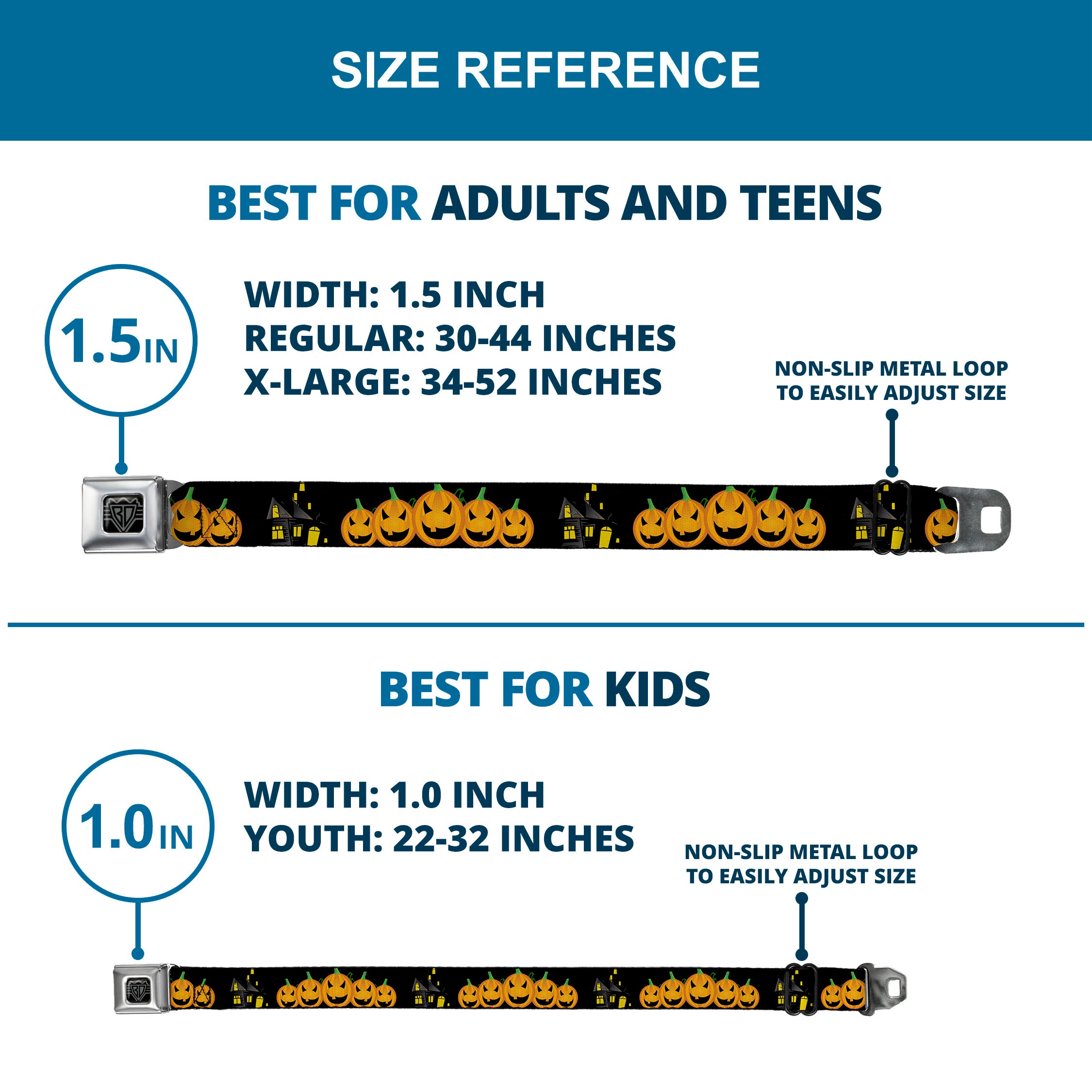 BD Wings Logo CLOSE-UP Full Color Black Silver Seatbelt Belt - Jack-o'-Lanterns/Haunted House Black/Yellow Webbing Seatbelt Belts Buckle-Down