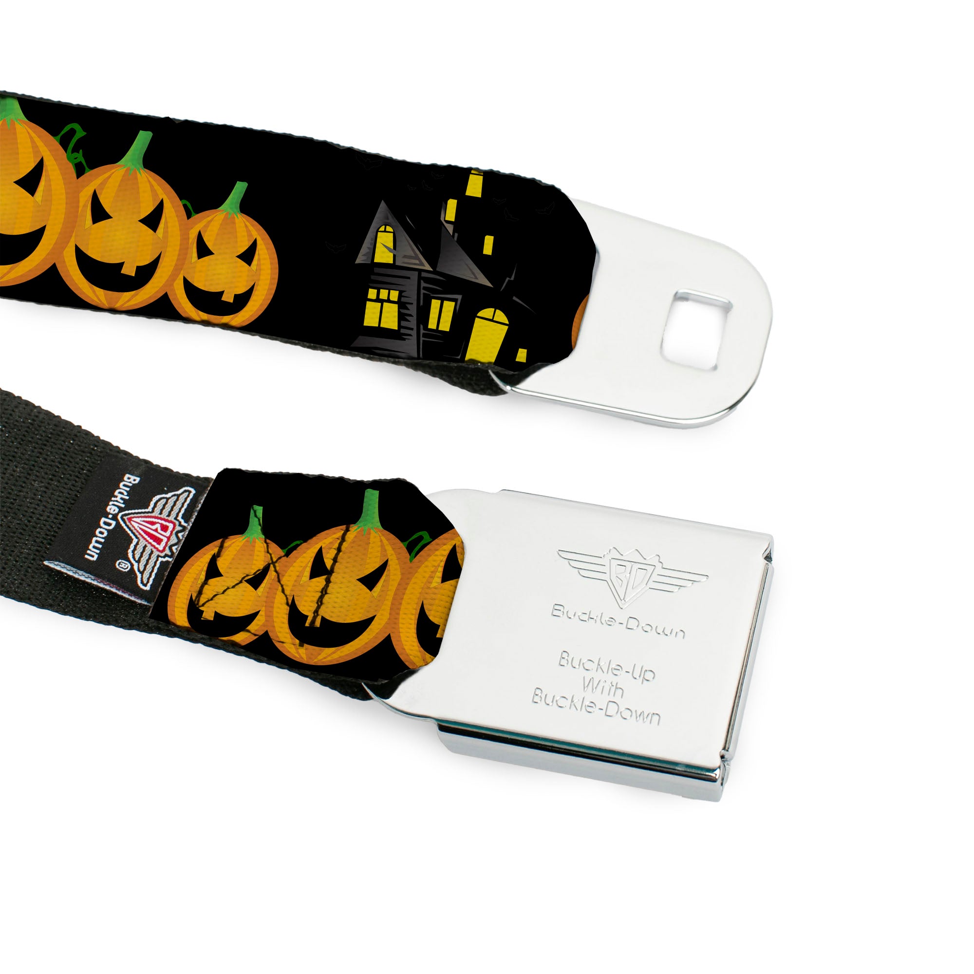 BD Wings Logo CLOSE-UP Full Color Black Silver Seatbelt Belt - Jack-o'-Lanterns/Haunted House Black/Yellow Webbing Seatbelt Belts Buckle-Down