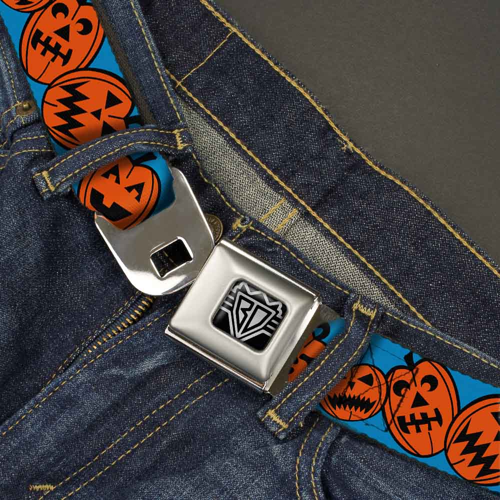 BD Wings Logo CLOSE-UP Full Color Black Silver Seatbelt Belt - Jack-o'-Lanterns Blue Webbing Seatbelt Belts Buckle-Down